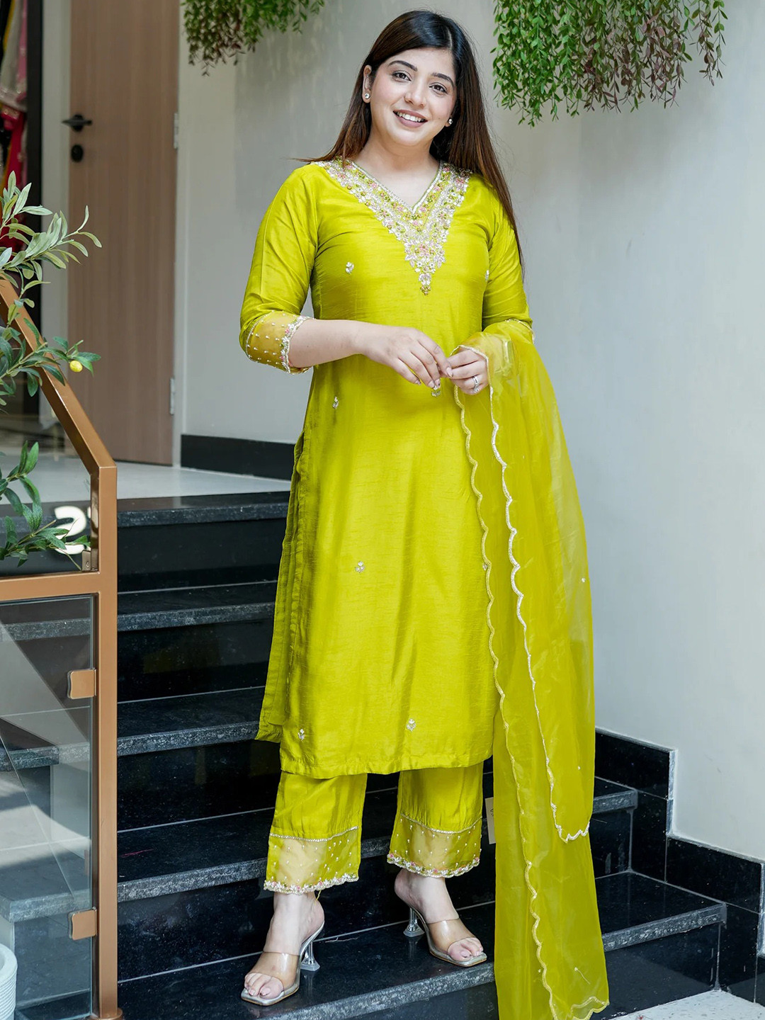 Moda Rapido Floral Embroidered Sequinned Chanderi Silk Kurta with Trousers & Dupatta