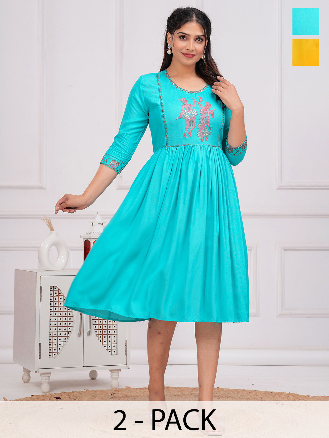 Gvastra Women Pack Of 2 Embroidered Thread Work Maternity Ethnic Dresses