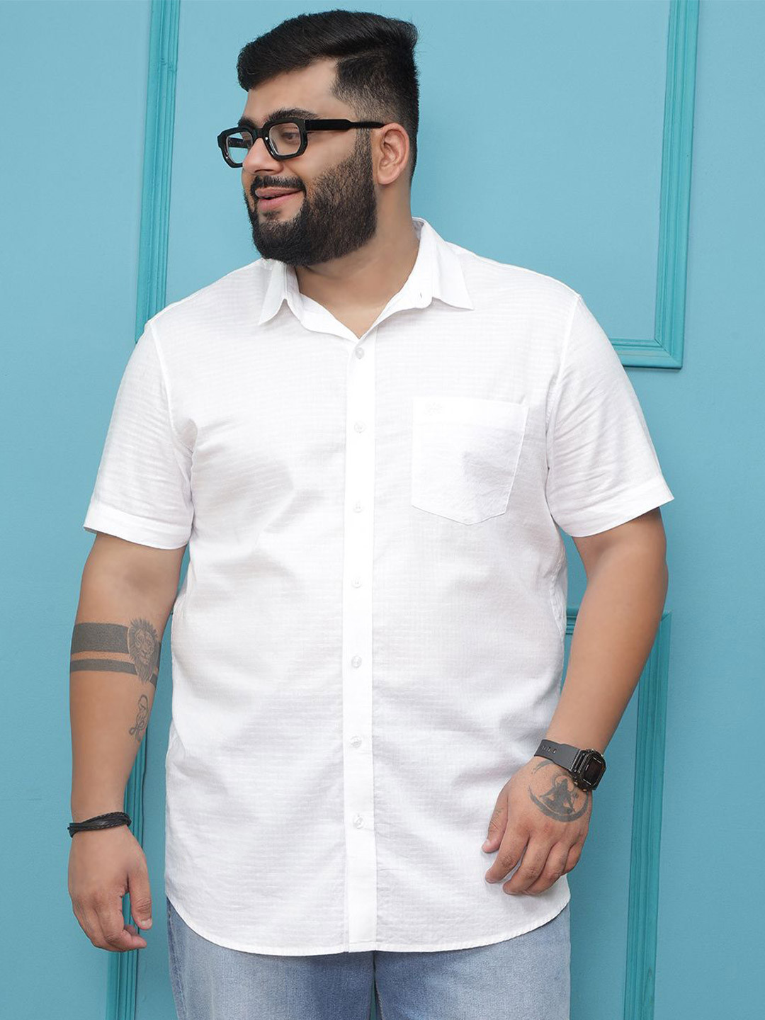 John Pride Self Design Spread Collar Pure Cotton Plus Size Casual Shirt