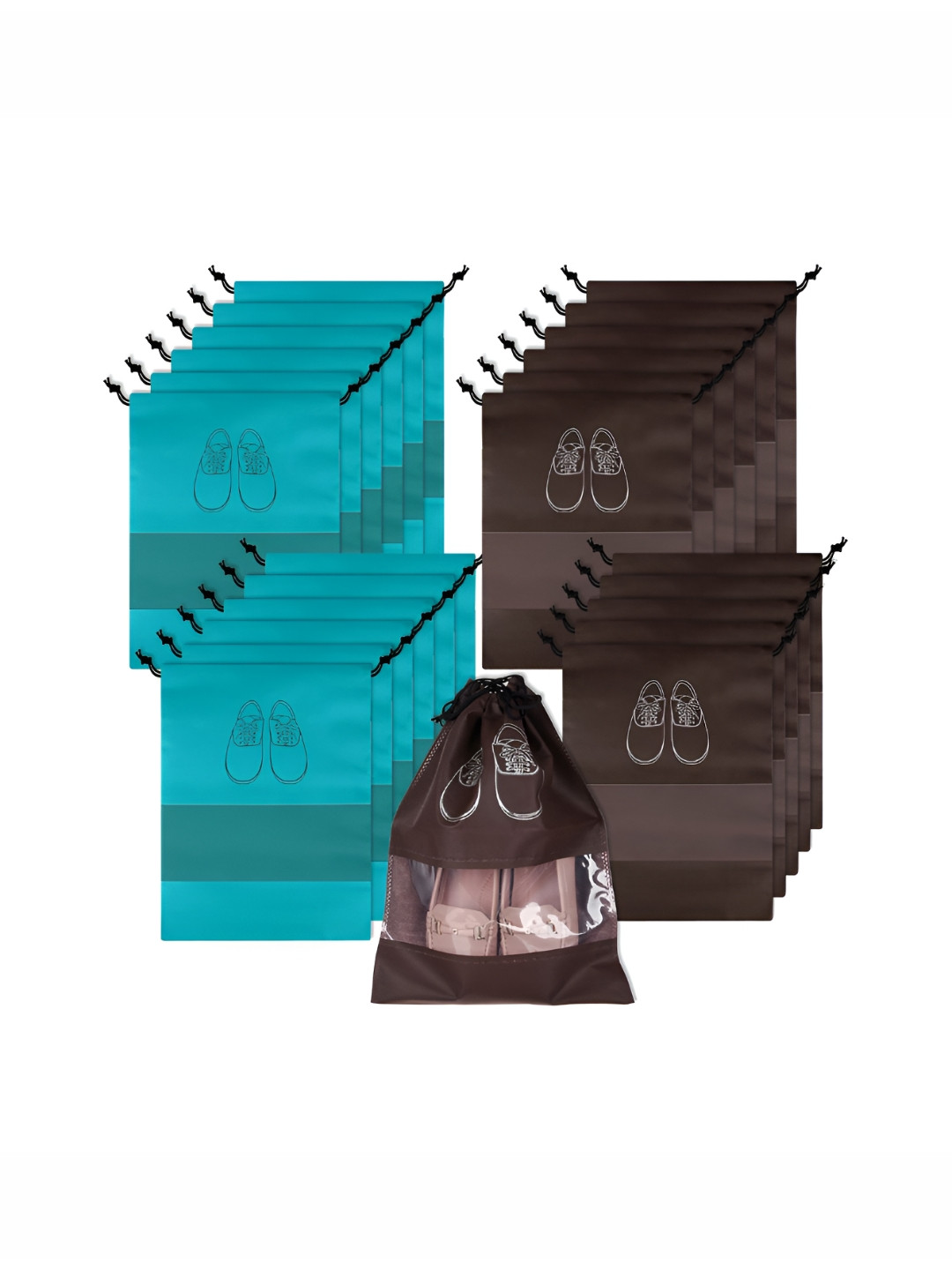 Aura Green & Coffee Brown 24 Pieces Printed Water Resistant Shoe Cover Bag Organisers