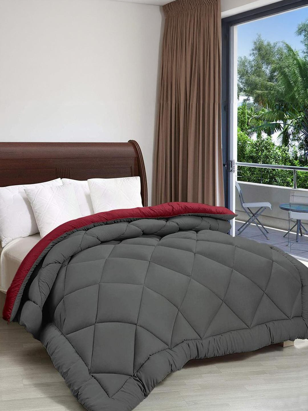 Doristyle Maroon & Grey 250 Gsm Reversible Single Plain Quilted Comforter