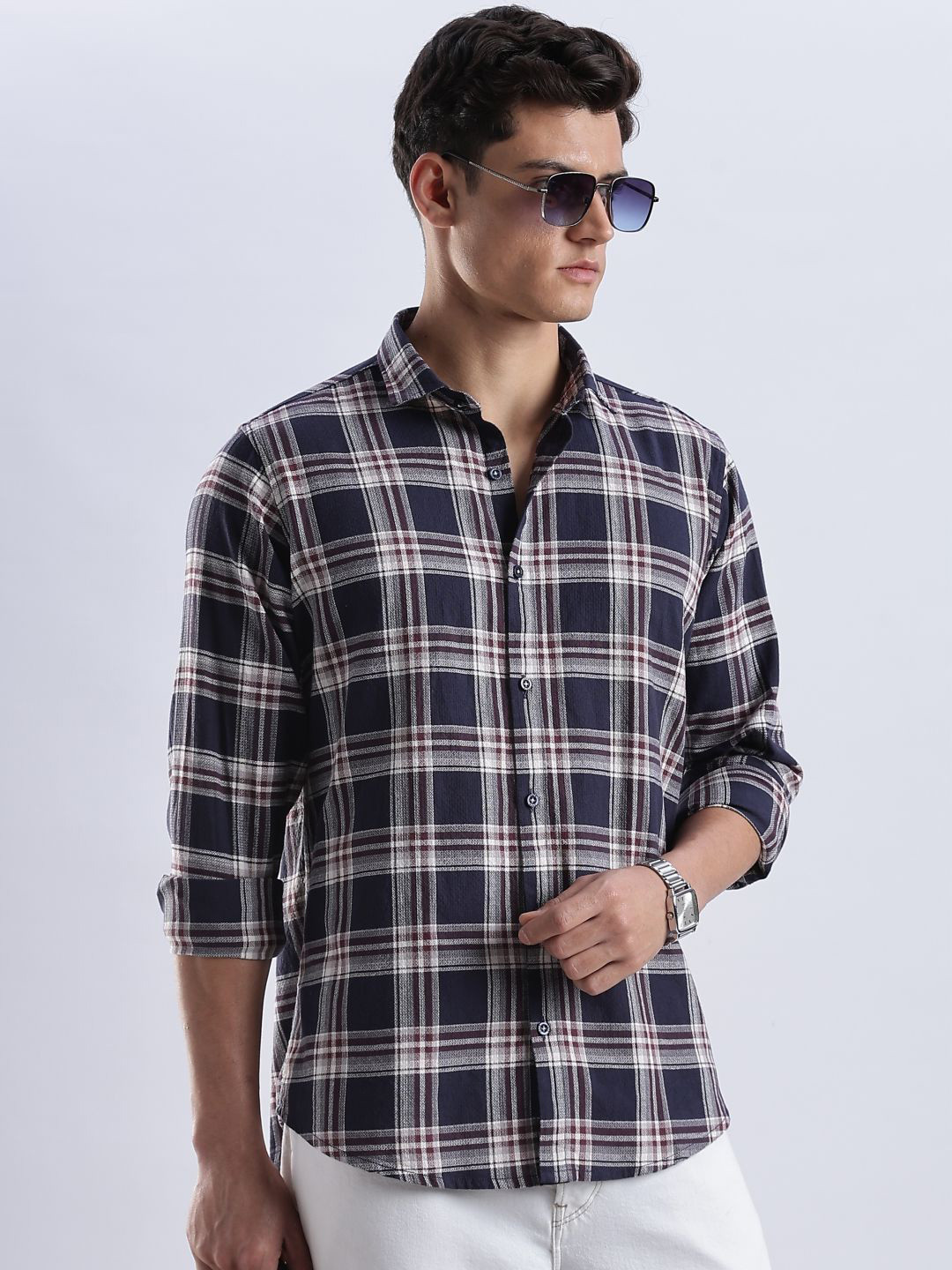 OG For Real Men Original Slim Fit Tartan Checked Spread Collar Pure Cotton Casual Shirt
