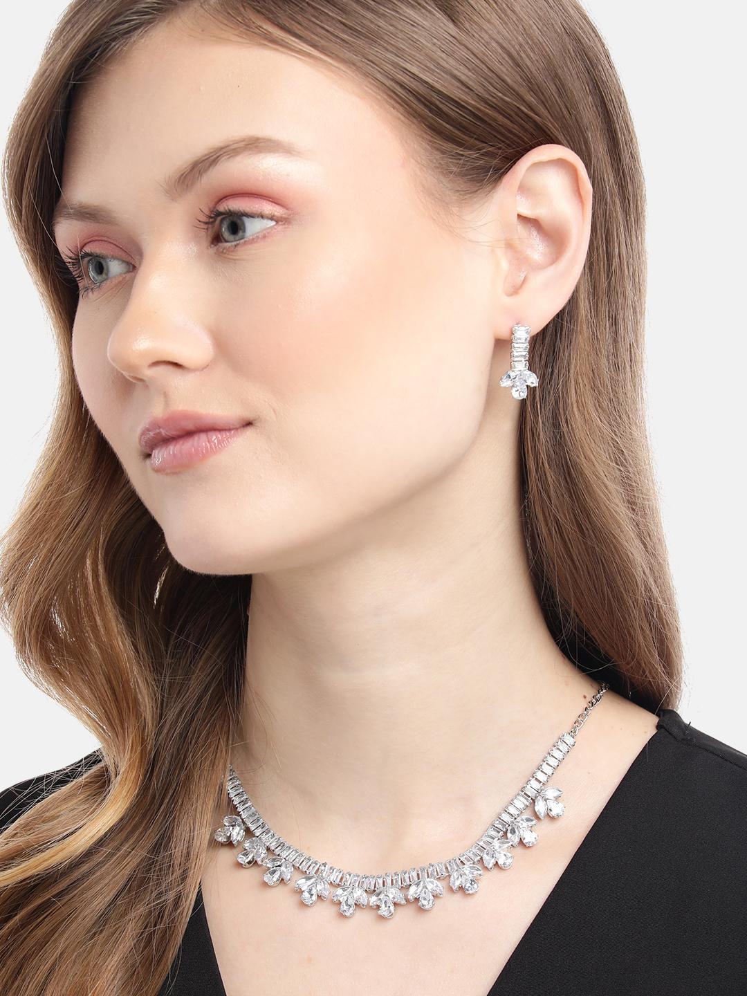 Anouk Rhodium Plated Silver American Diamond Studded Jewelery Set