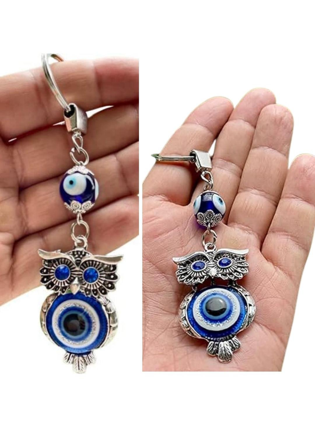 BLUE BEADS Silver Owl Evil Eye Keychain Pack Of 2