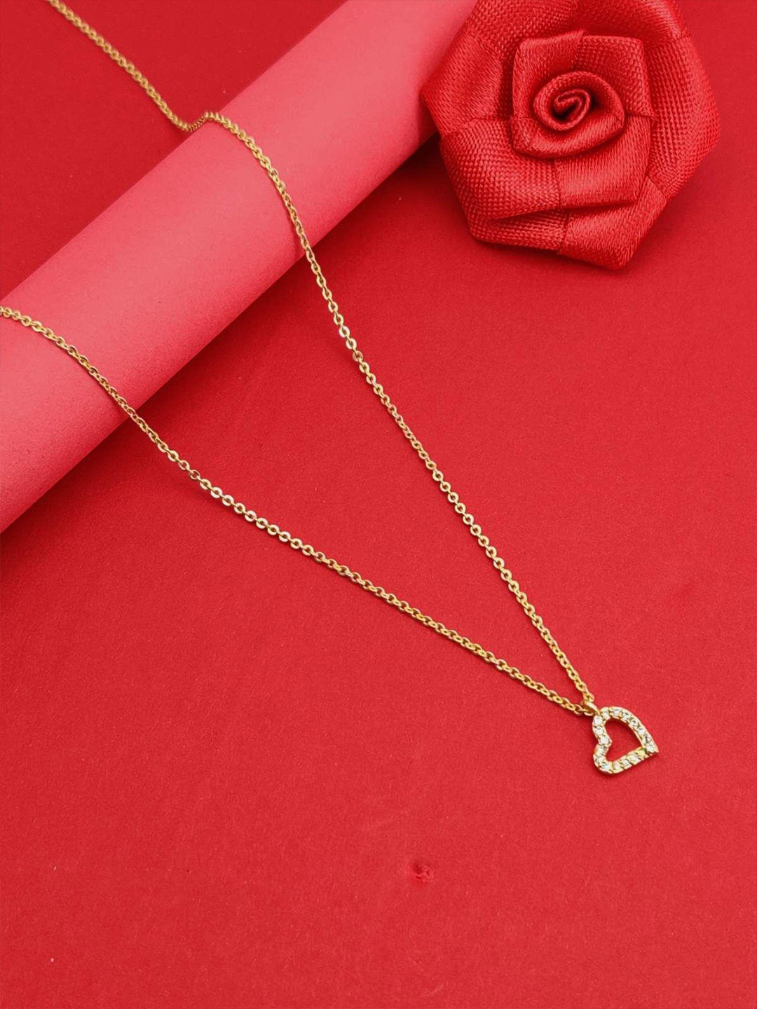 DHARM JEWELS Gold-Plated Artificial Stones Studded Heart Shaped Pendant With Chain