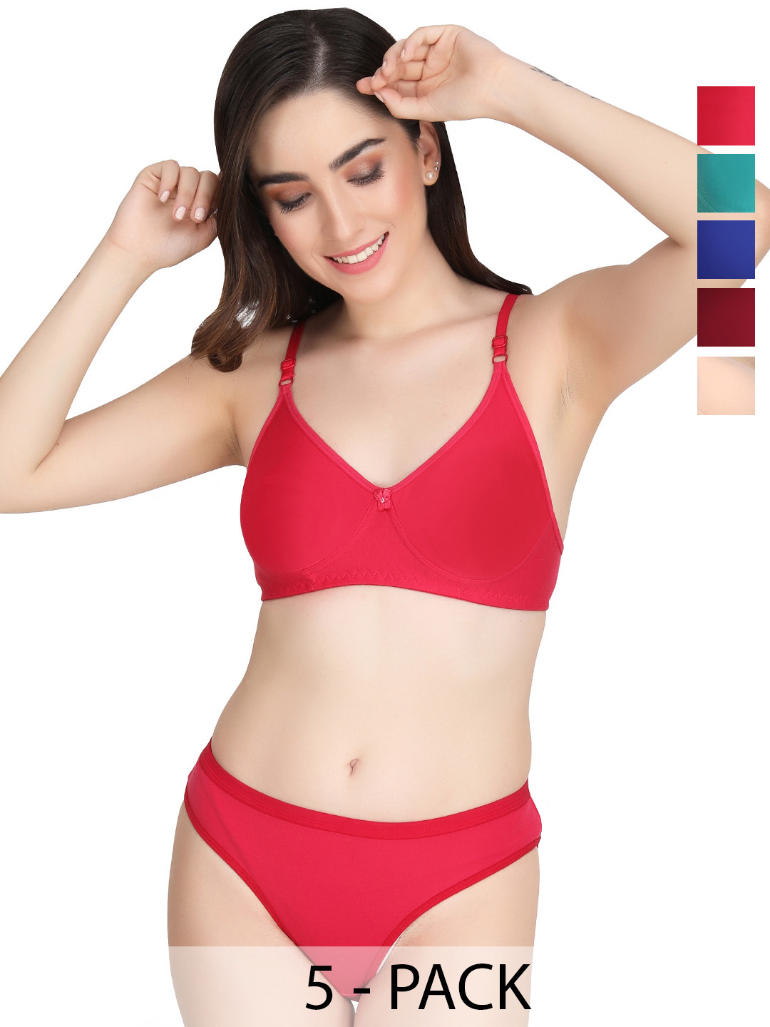 Liigne Pack Of 5 Women Everyday Light Padded Bra Mid Rise Bottom Pure Cotton Lingerie Set