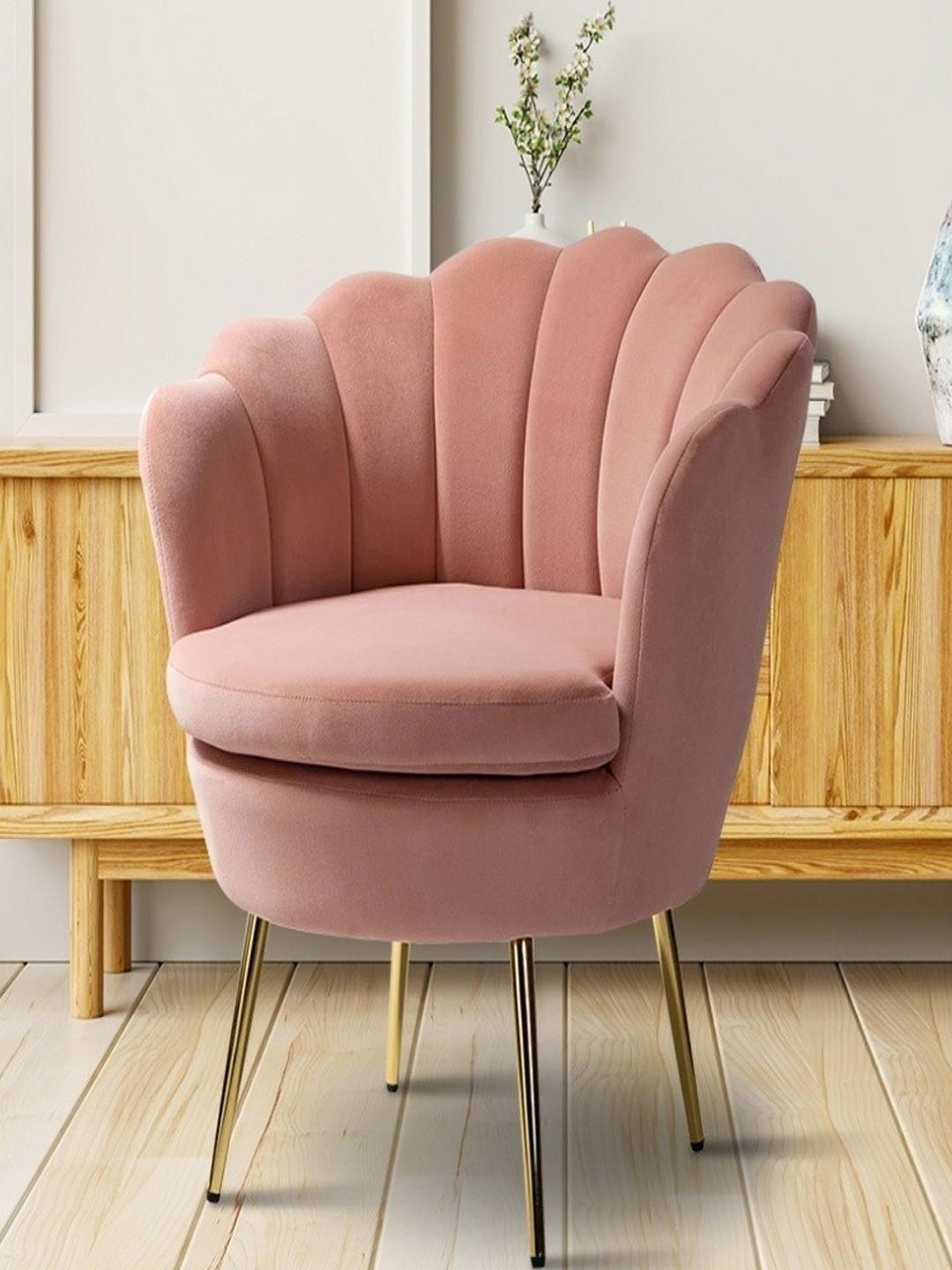 DOE BUCK Pink & Gold Wooden Shell Shaped Lounge Velvet Cushion Chair