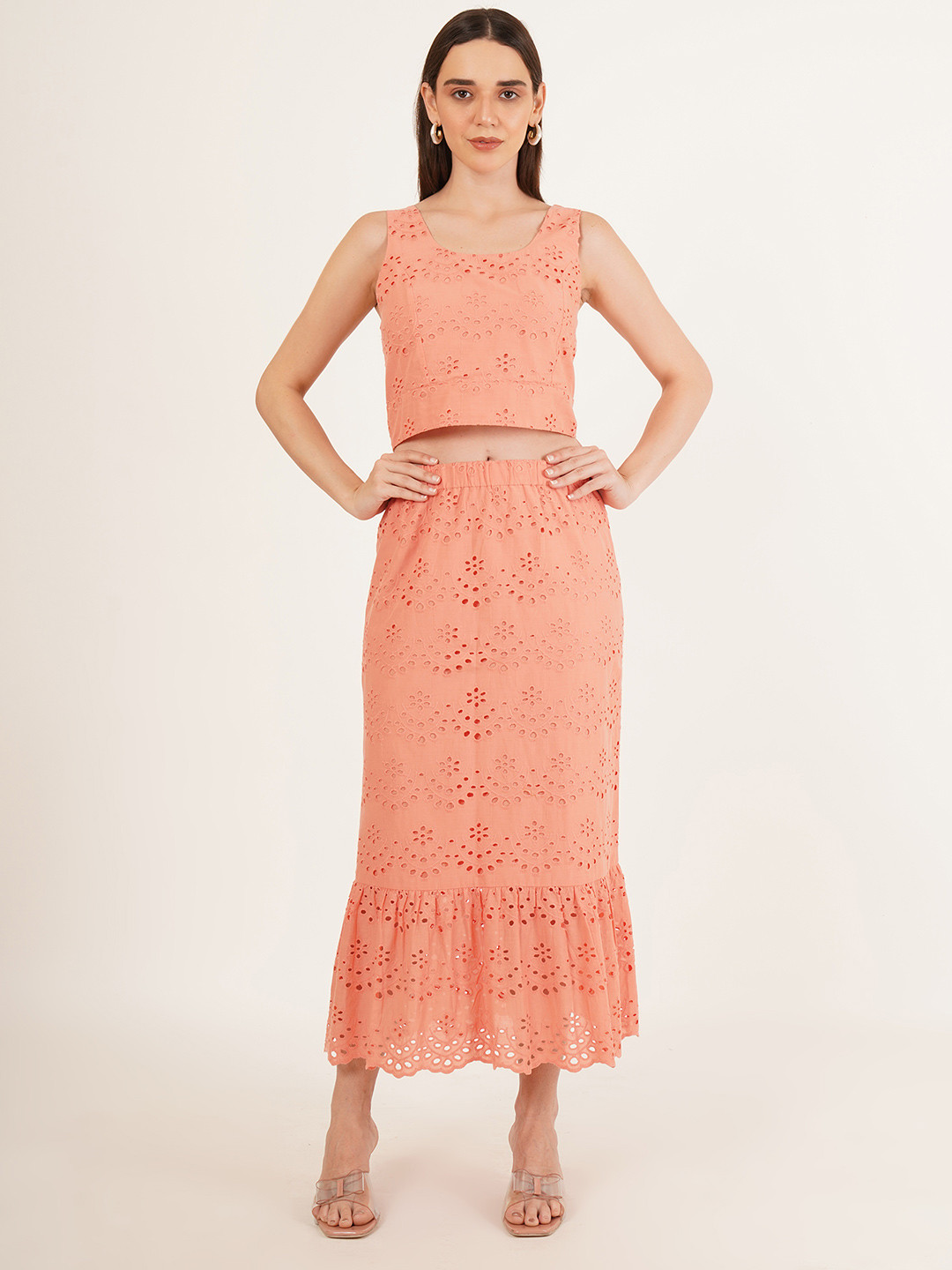 IX IMPRESSION Embroidered Round Neck Pure Cotton Top With Skirt