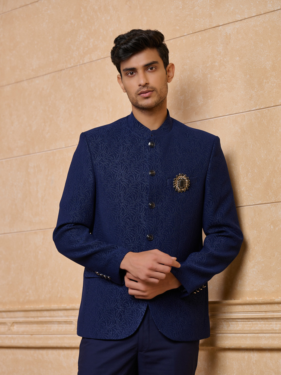 Tasva Men Self Design Blazer with Trousers Bandhgala Set