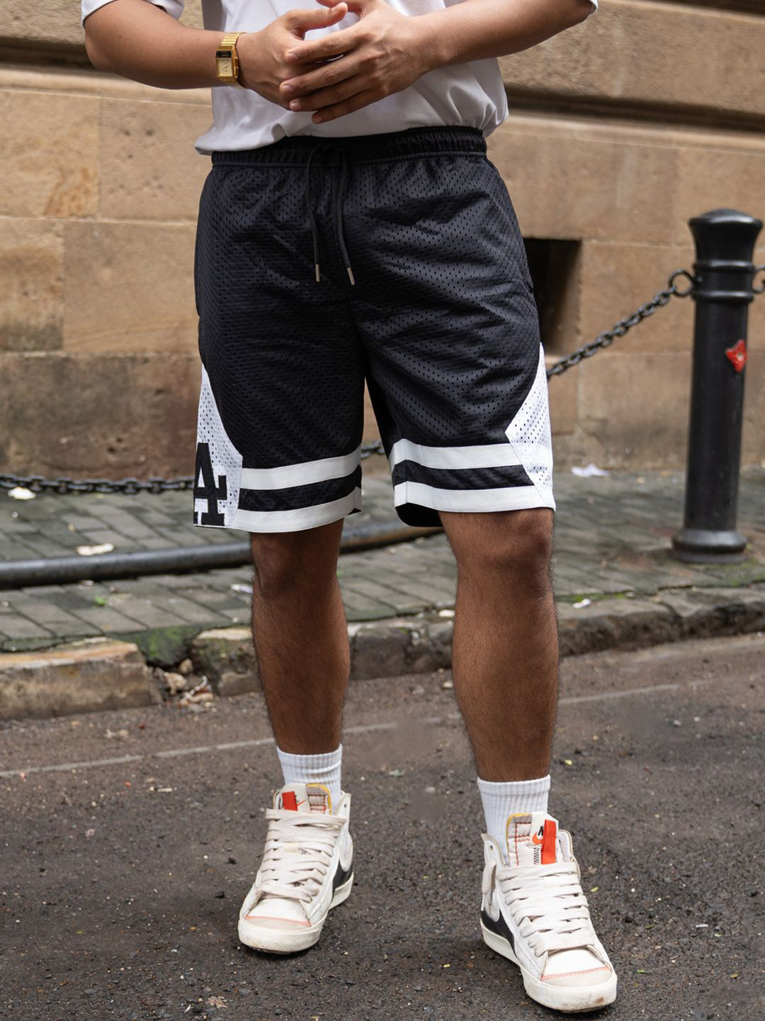 Powerlook Men Black Contrast Embroidered Mesh Shorts