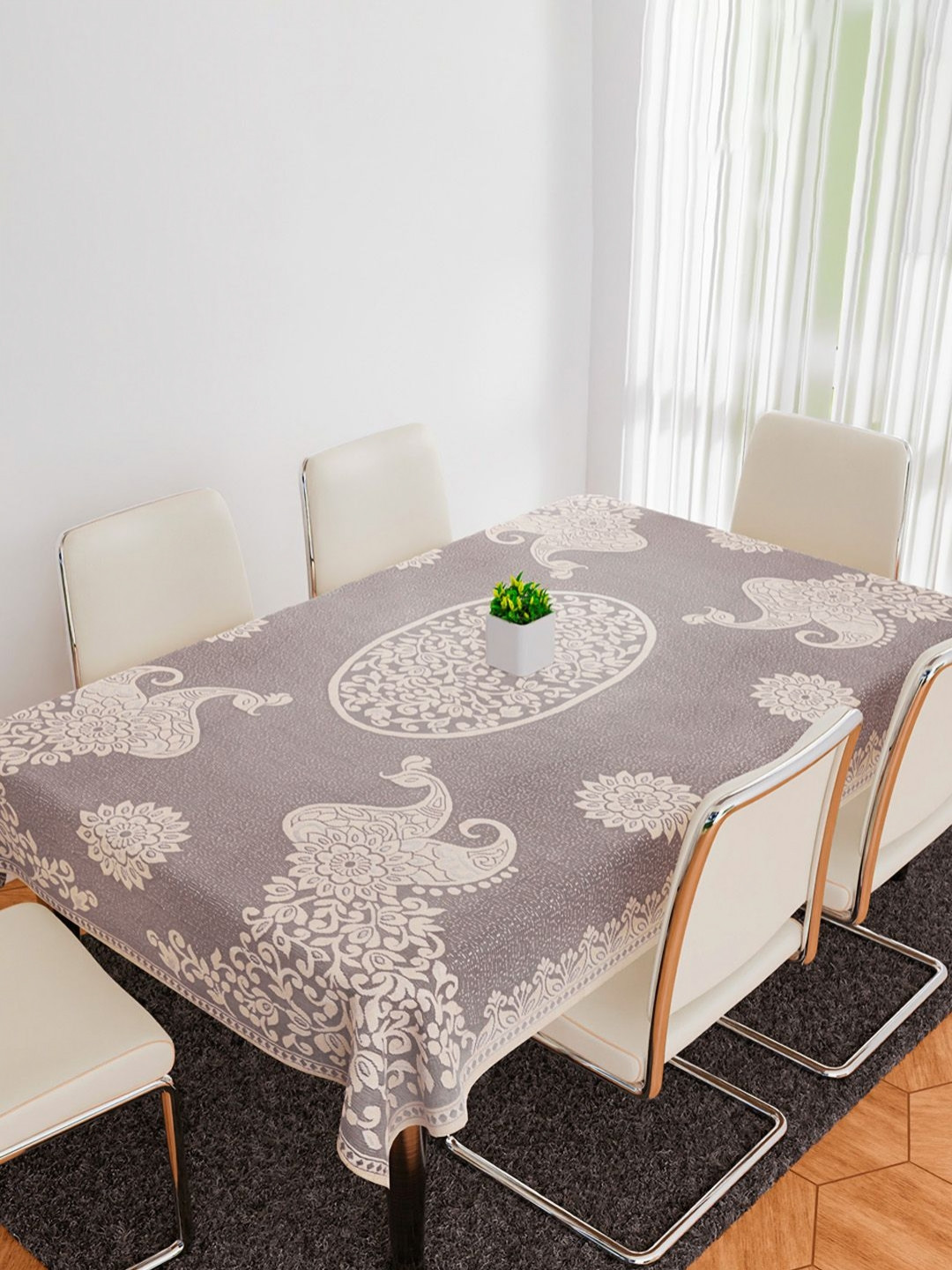 Aura Brown & White Peacock Design Anti-Skid Cotton 6-Seater Table Cover
