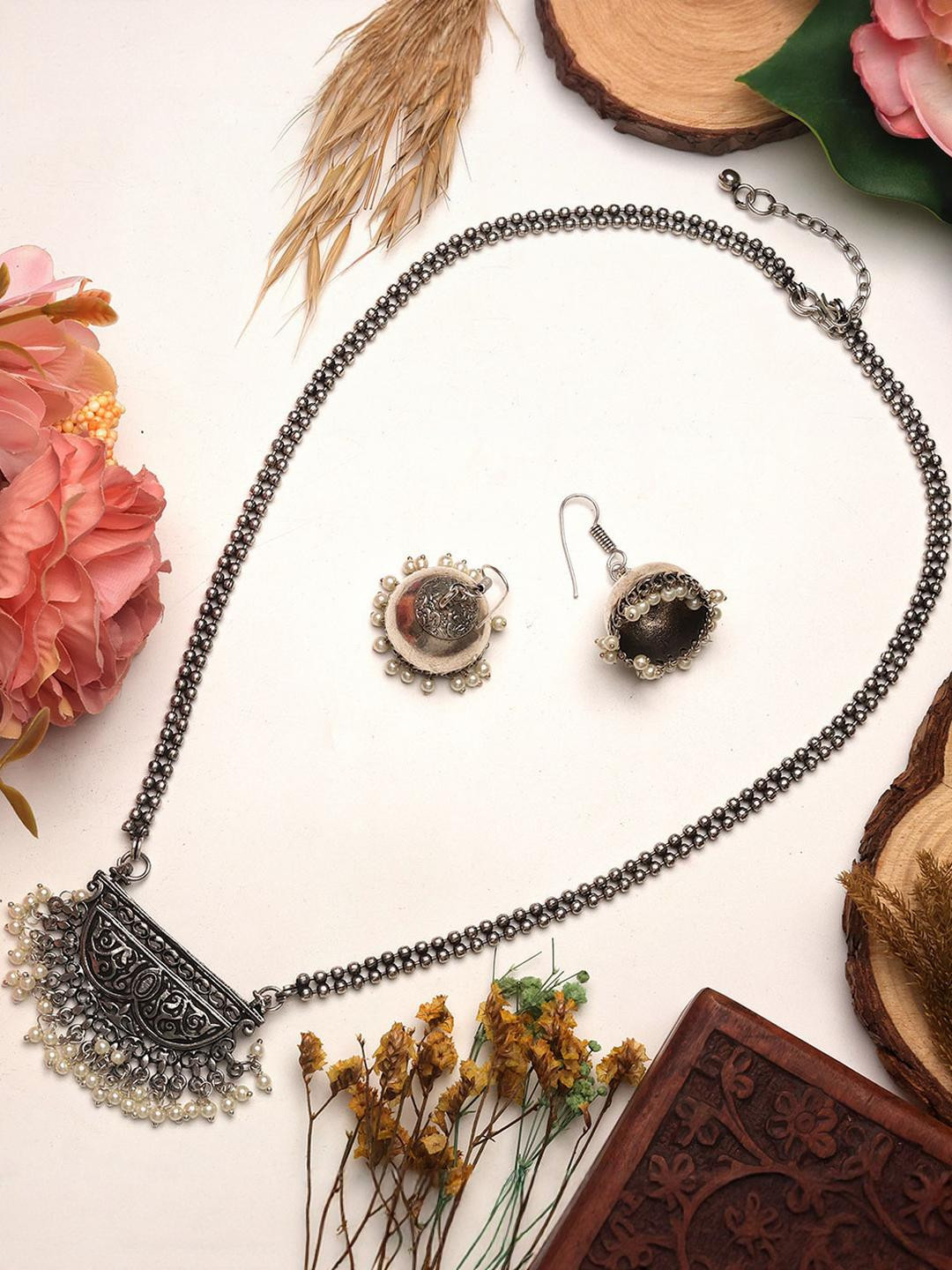 VEDAJ Women Oxidised Silver-Plated German Silver Long Jewellery Set