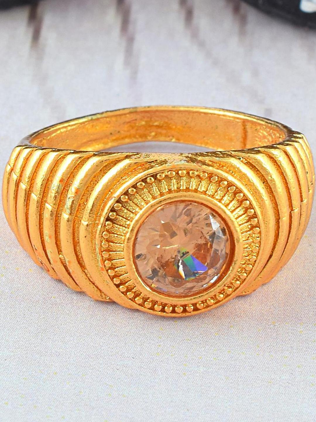 DZINETRENDZ Unisex Brass Gold Plated Yellow Quartz Finger Ring