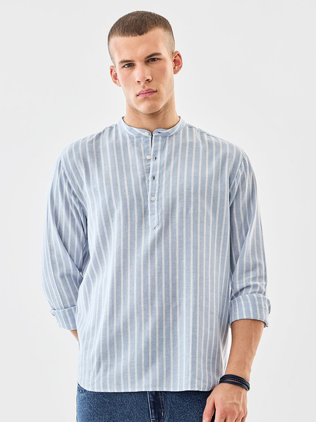 Snitch Striped Band Collar Straight Kurta