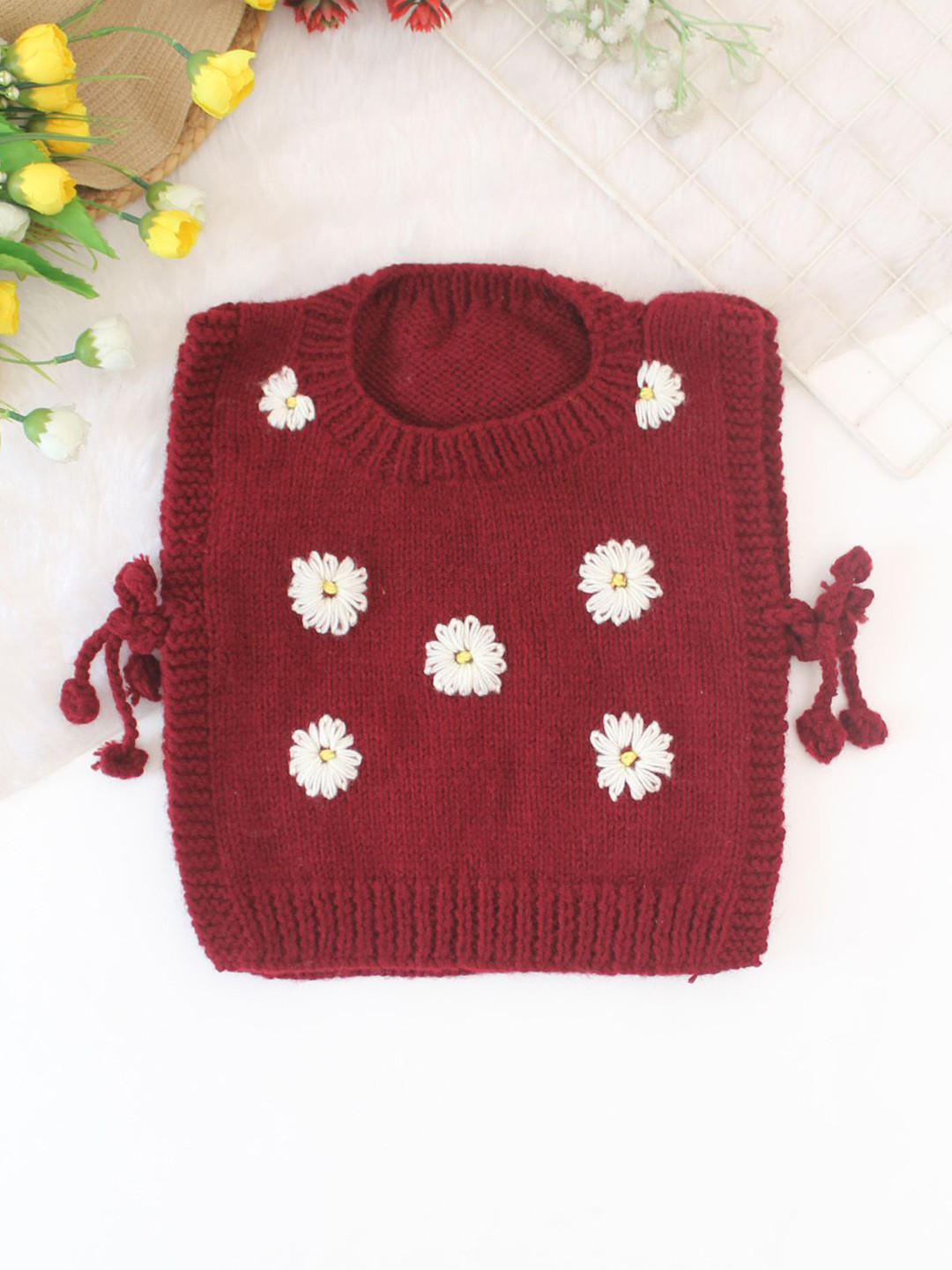 Woonie Kids Floral Embroidered Side Tie-up Detailed Sweater Vest