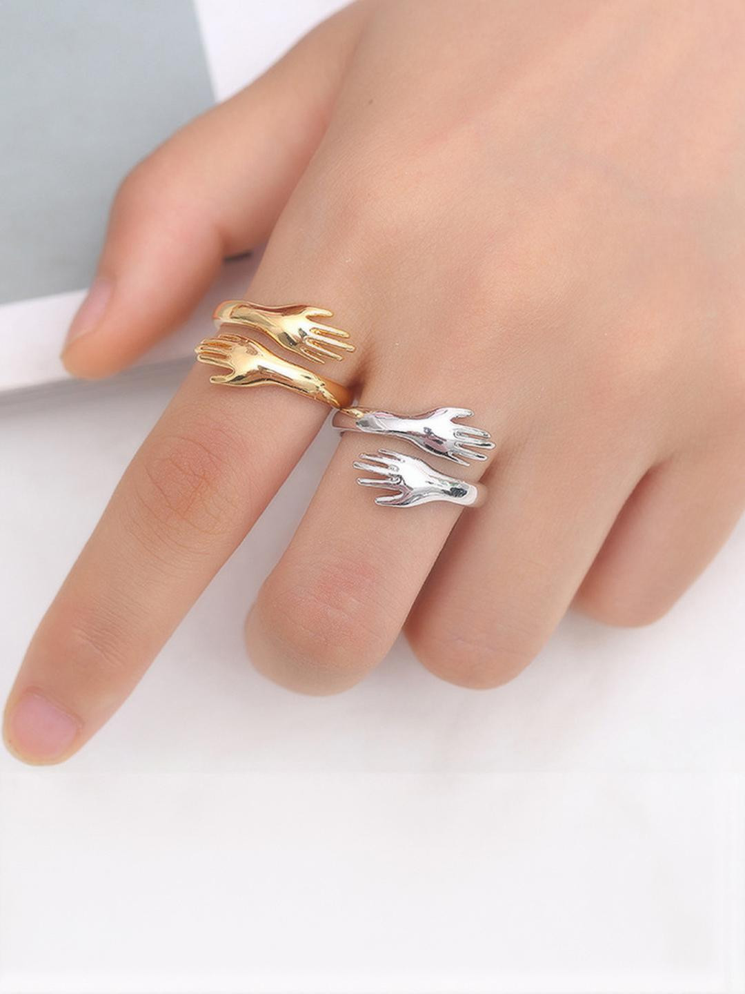 DressBerry Combo Of 2 Silver And Golden Adjustable Friendship Promise Hug Ring