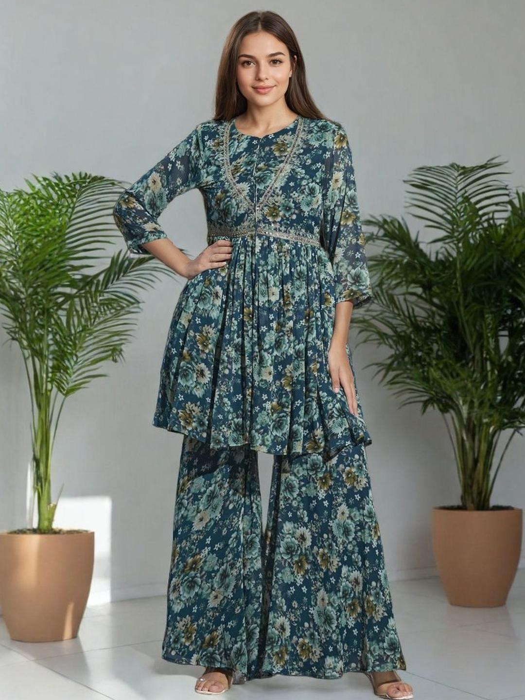 Teal Floral Printed V-Neck Tunic with Trousers Co-Ords