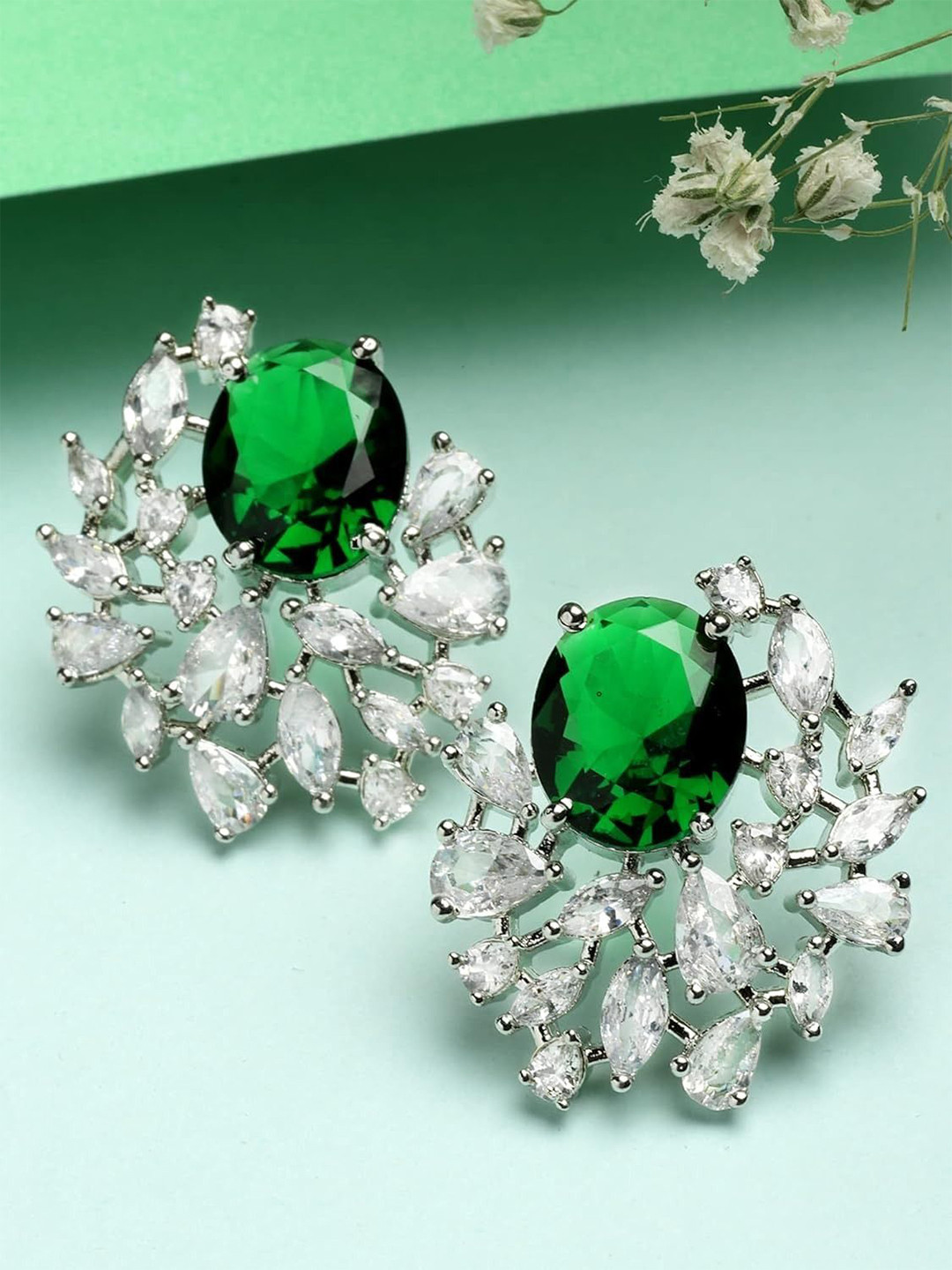 Gemron Jewel Rhodium Plated American Diamond Studded Oval Shaped Studs
