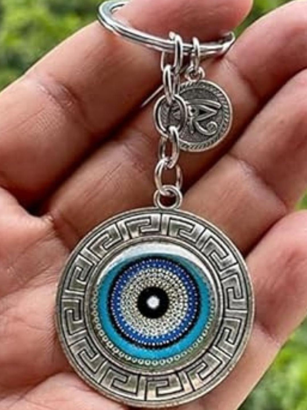 BLUE BEADS Pack Of 2 Blue and Silver Color Round Evil Eye Keychain