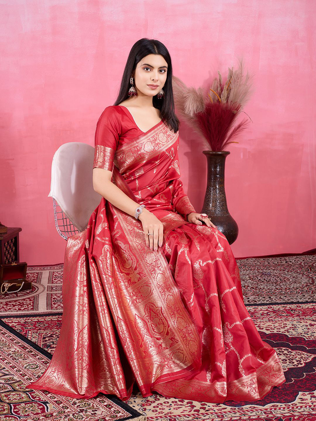 Durga Textile Red Kanjeevaram Silk Woven Banarasi Saree