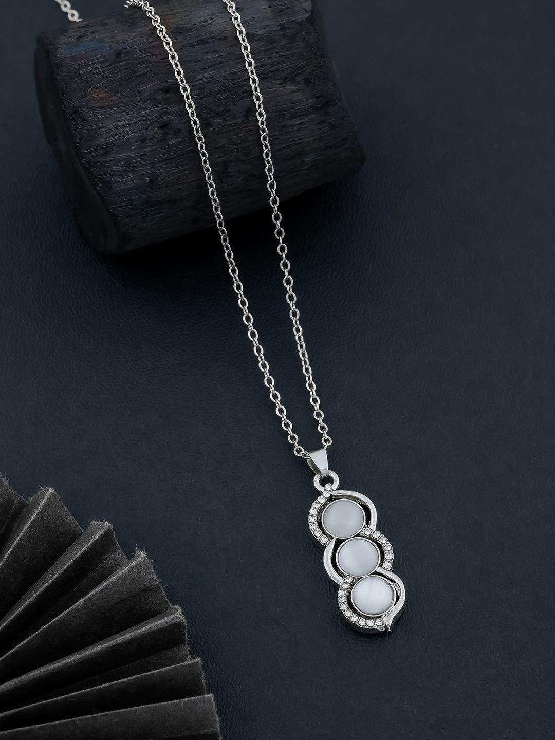 DressBerry Silver-Tone Necklace with Triple Grey Stone Pendant
