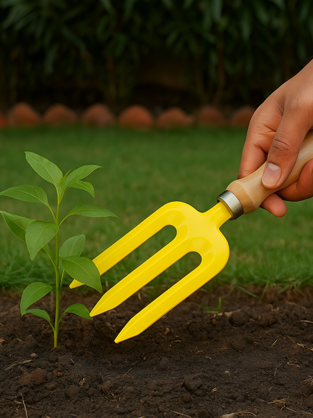 ecofynd Yellow & Beige Gardening Hand Fork With Wooden