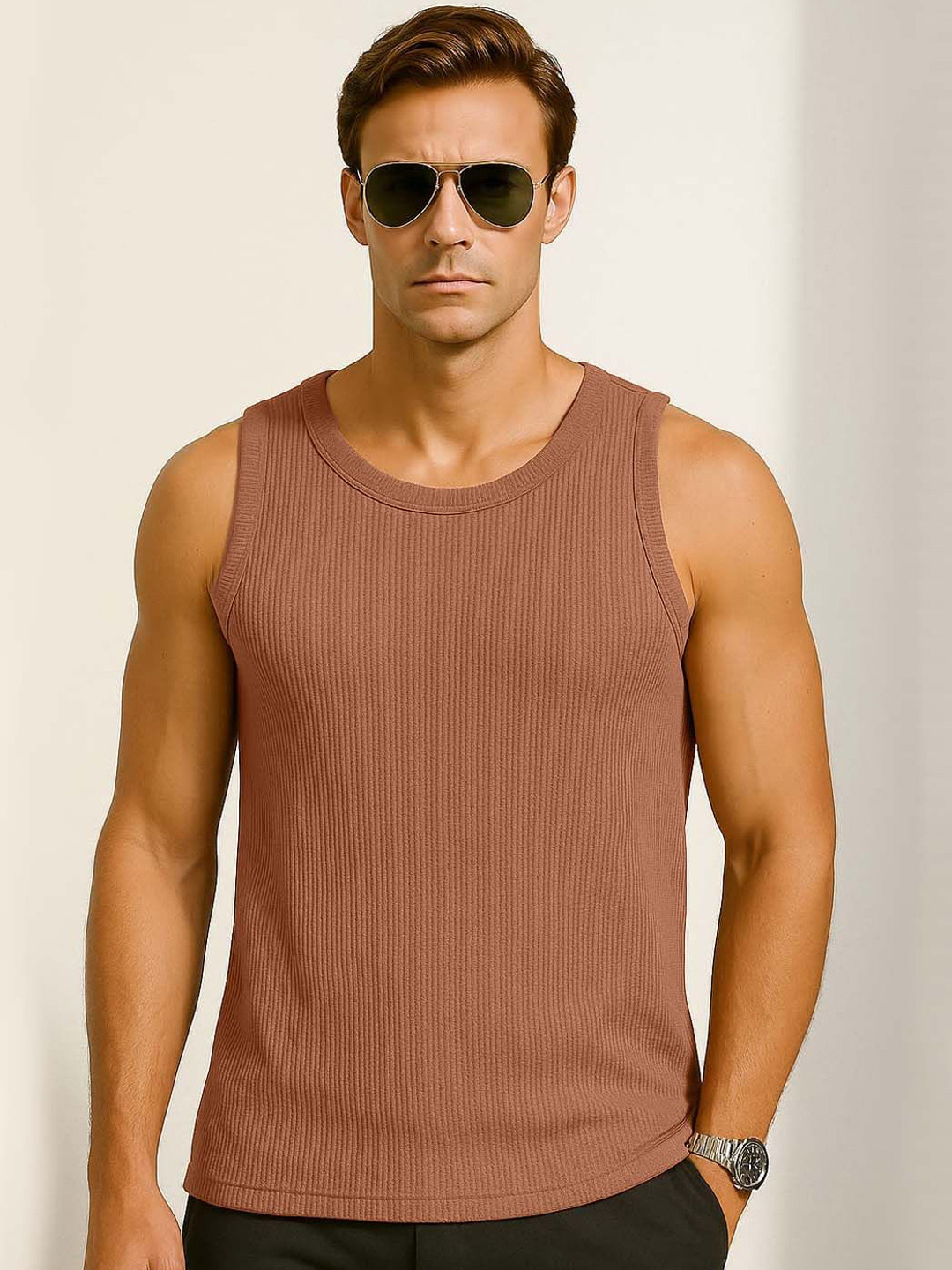 Organic Chics Men Textured Tank Waffle Vest-Brown_S