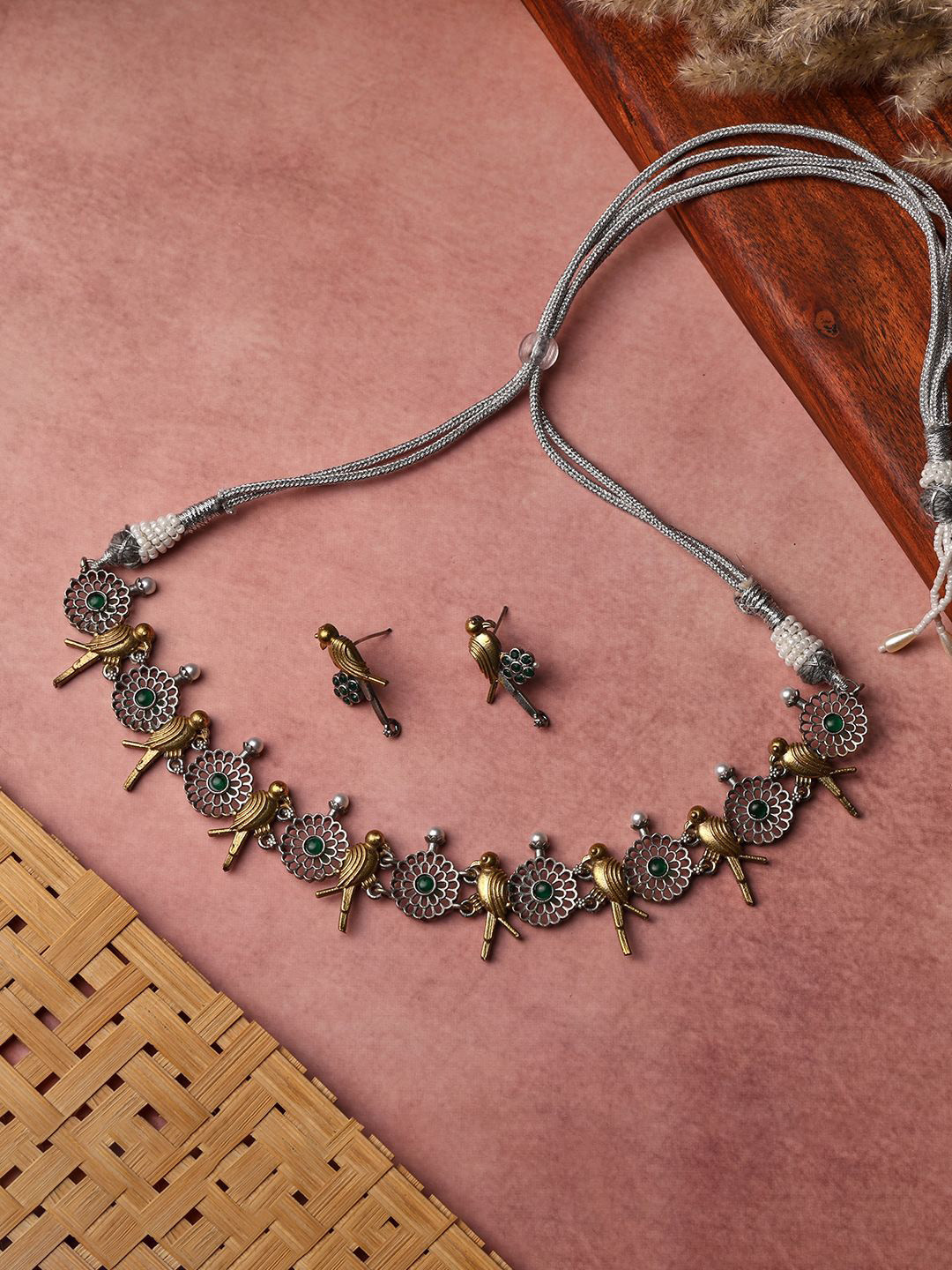 VENI 92.5 Sliver Plated Stone Kundan Studded  Parrot Shaped Oxidised Jewellery Set