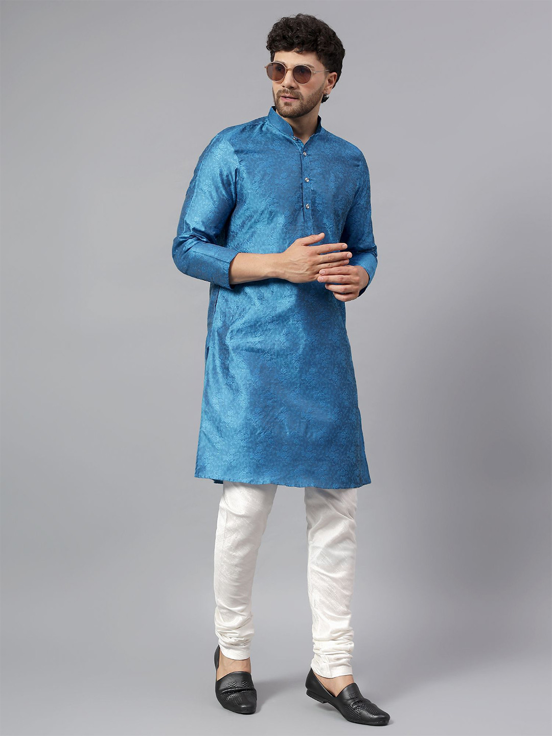 Latest Chikan Garments Men Embellished Pastels Jacquard Kurta