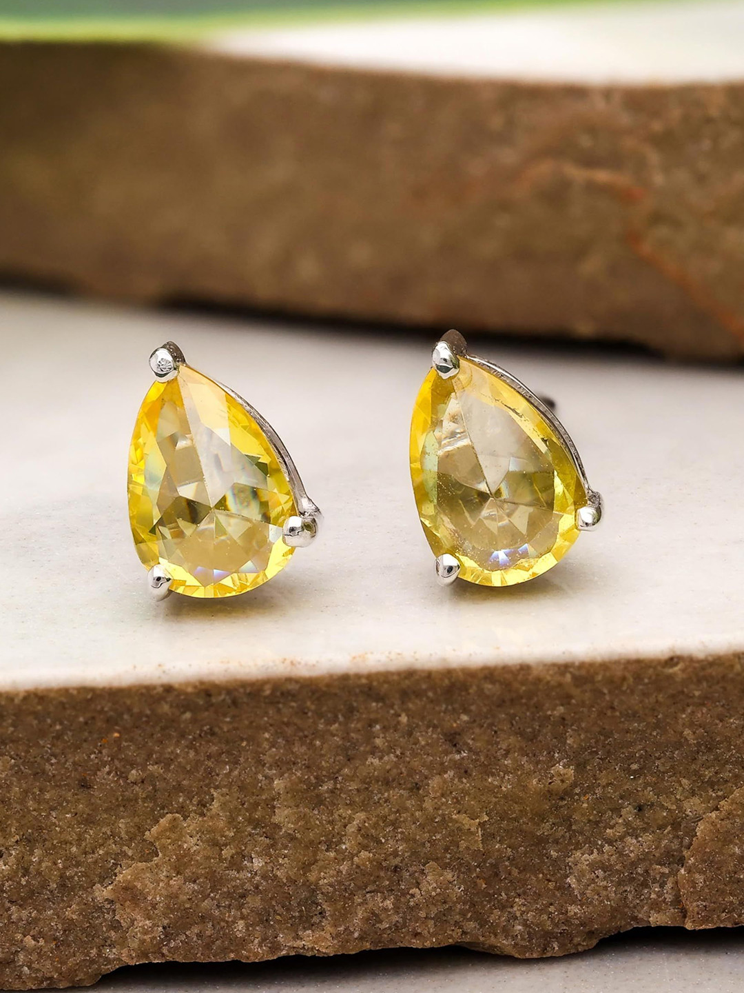 AMONROO 925 Silver Rhodium-Plated Cubic Zirconia Citrine drop Shaped Studs