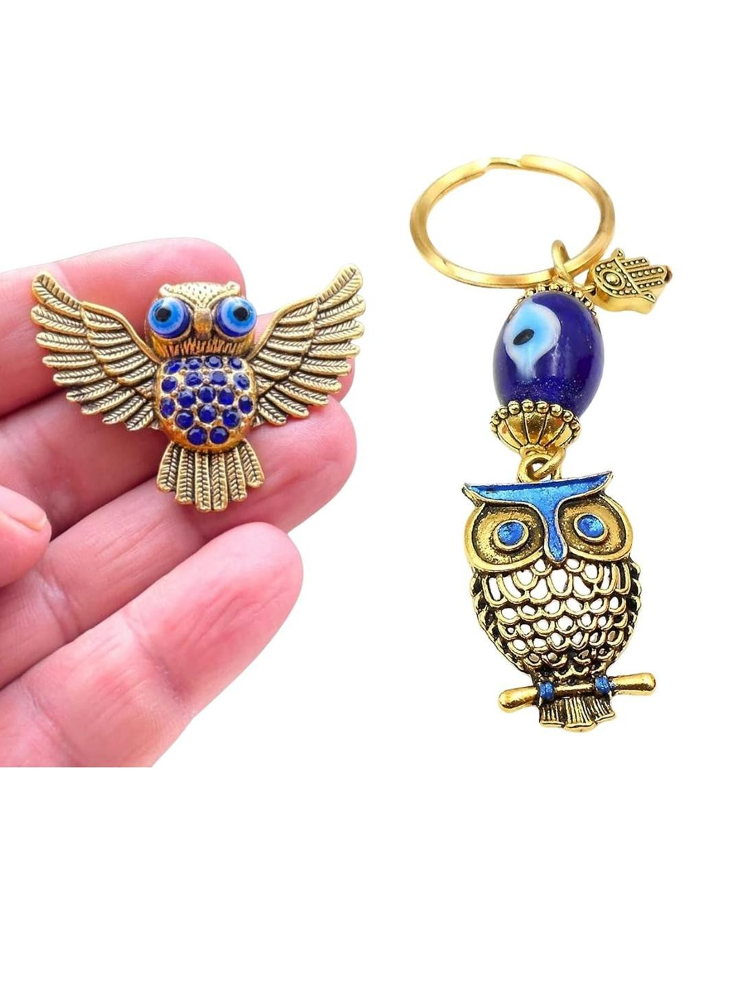 BLUE BEADS Gold-Plated Flying Owl Turkish Evil Eye Keychain With Fridge Sticker Magnet