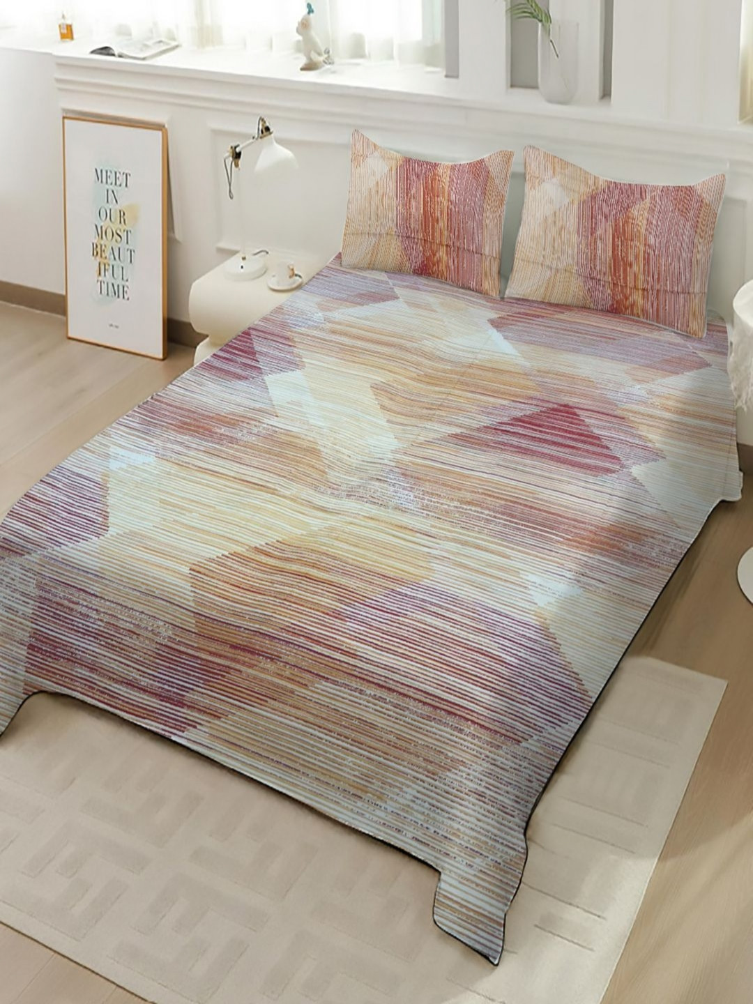 Threadwear White & Beige Printed 400 TC Cotton Super King Bedsheet Set 2.75 m x 2.75 m