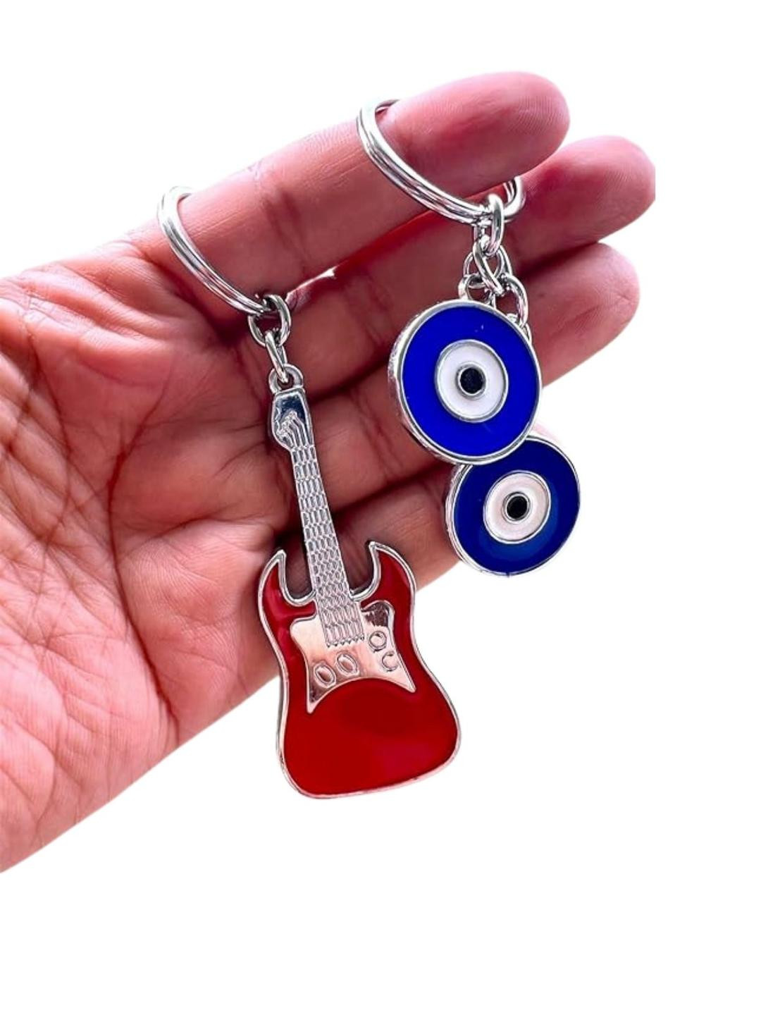 BLUE BEADS Pack of 2 Enamel Evil Eye & Guitar Keychain