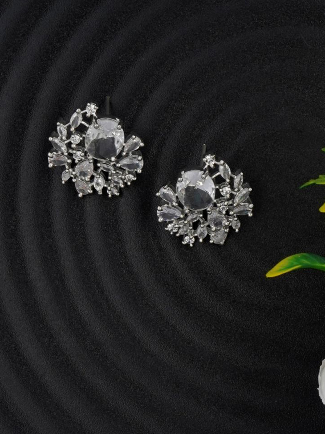 Gemron Jewel Rhodium Plated American Diamond Studded Oval Shaped Studs