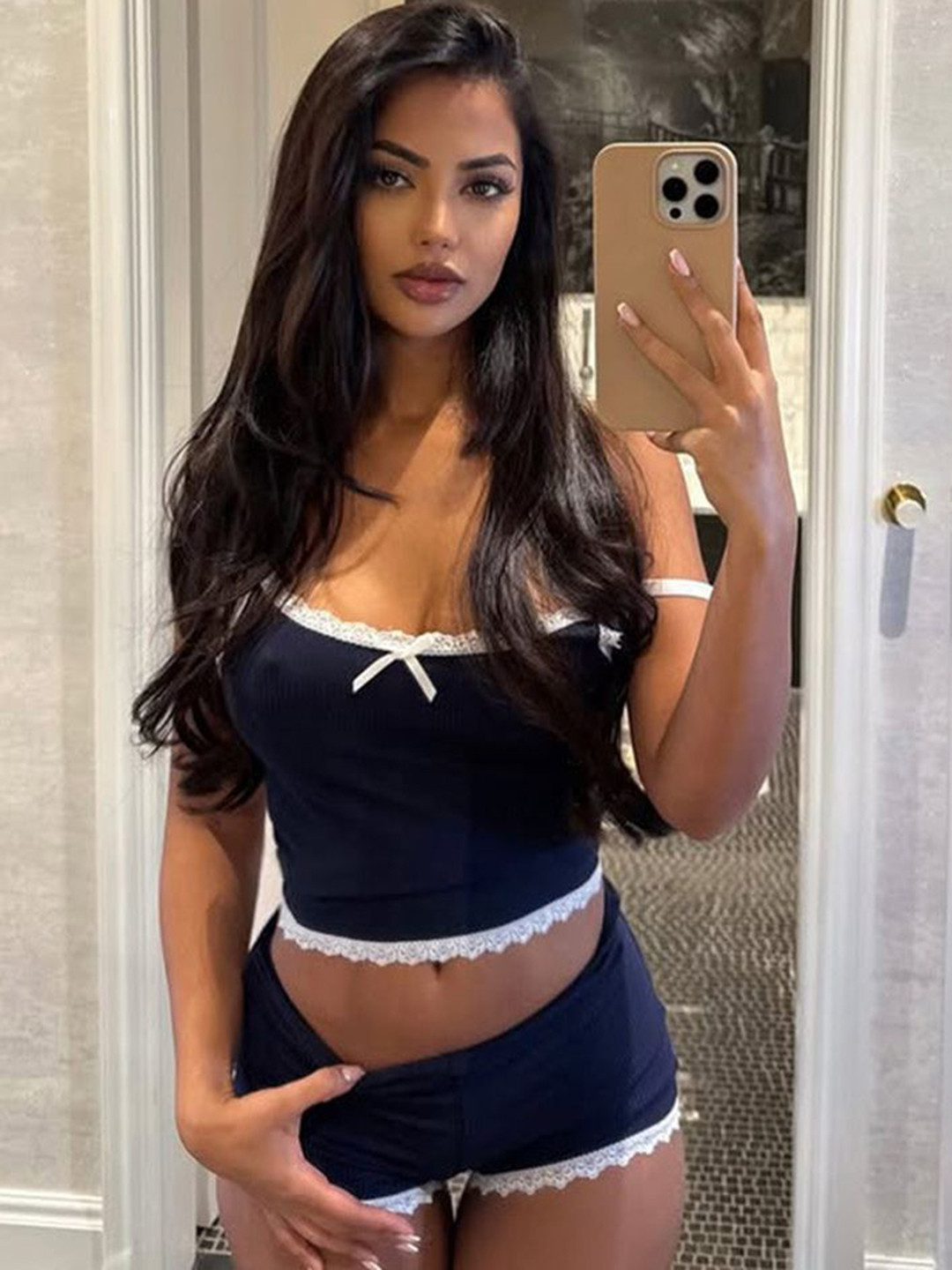 LULU & SKY Women Ribbed Contrast-trim Night suit