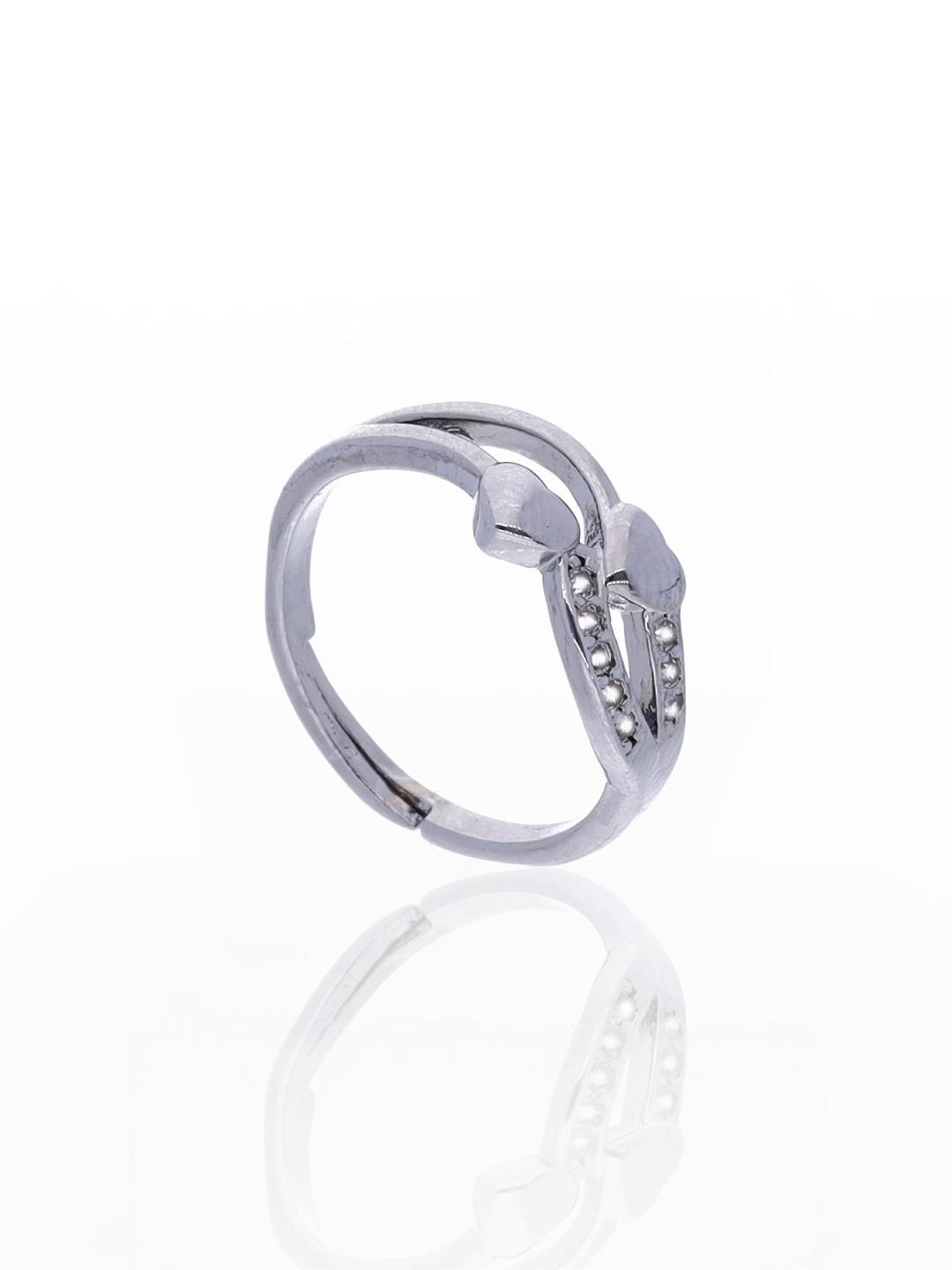 Anouk Silver-Toned Dual Heart & CZ Detailing Open Ring