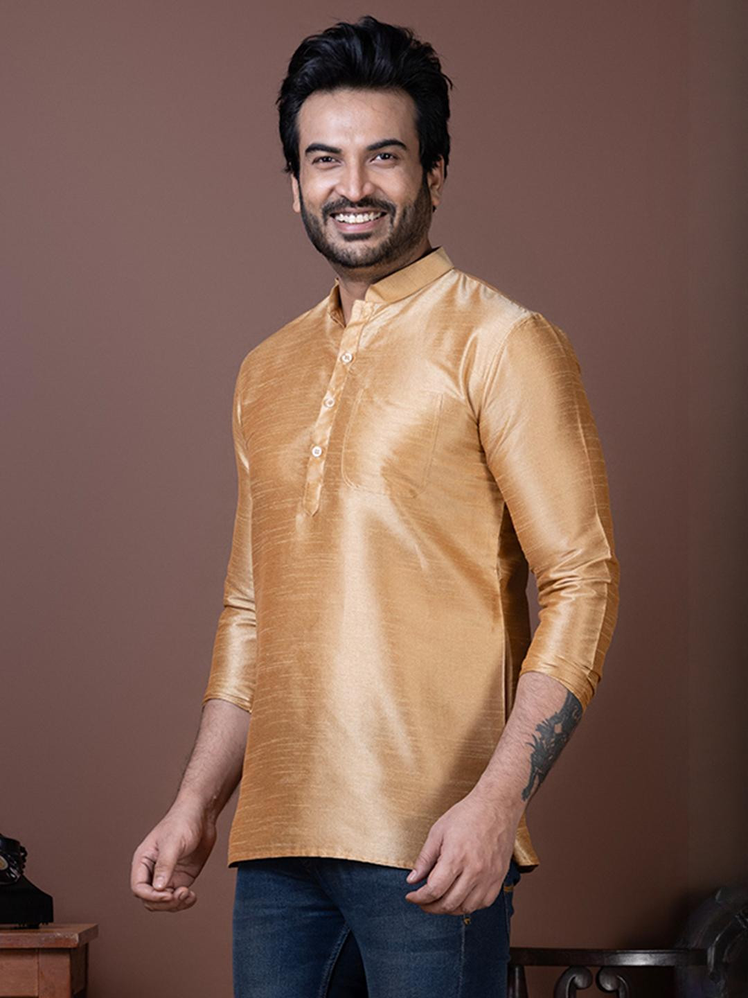 PulseIQ Men Bronze Solid Dupion Silk Kurta