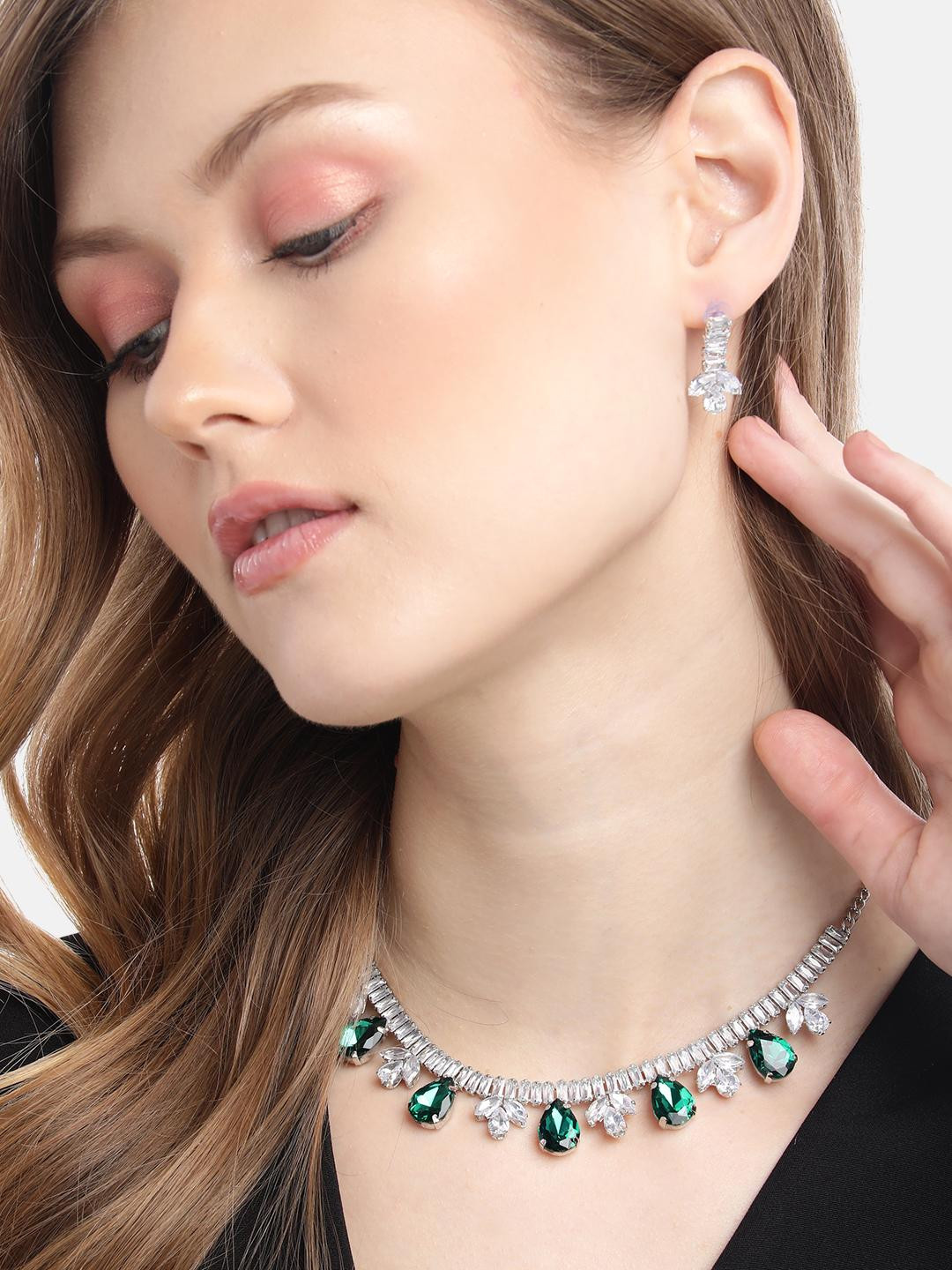 Anouk Silver Green Color Crystal AD Gemstone-Studded Jewelry Set