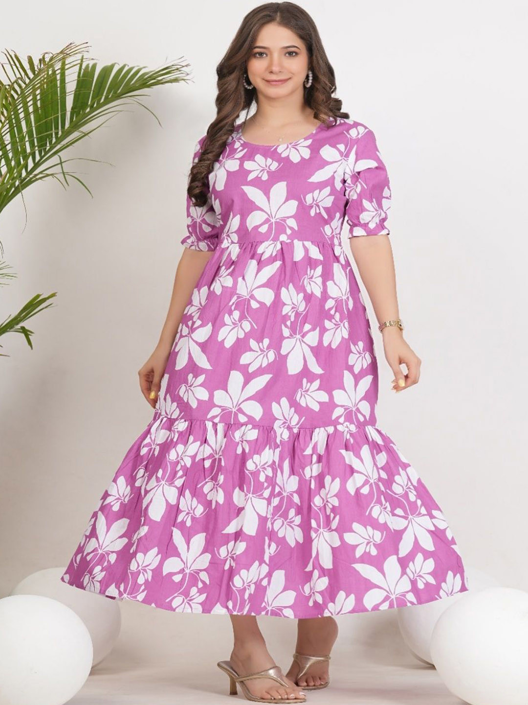 Fashion Unstoppable Women Floral Printed Tiered Puff Sleeve Fit & Flare Maxi Dress