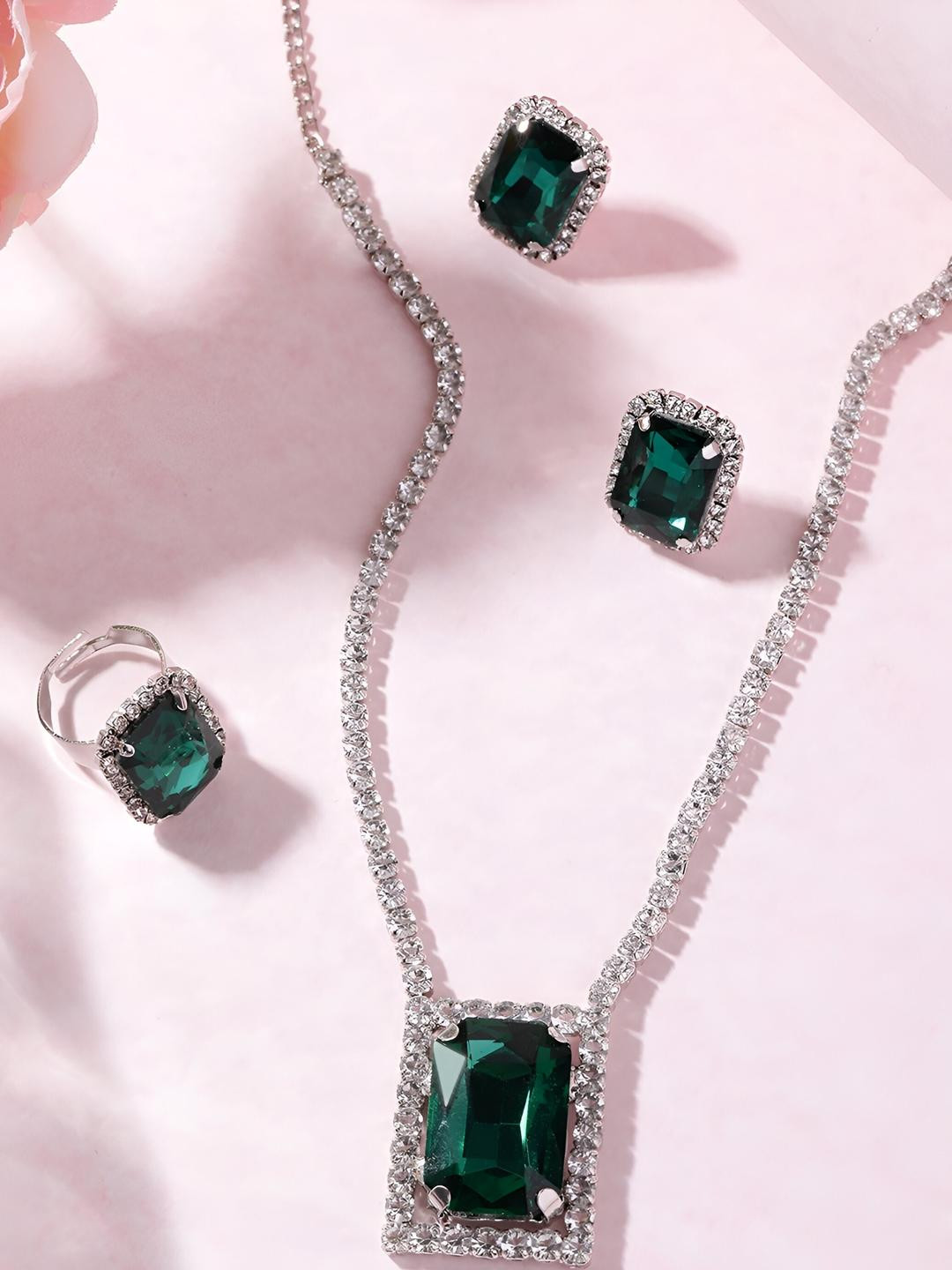 Anouk Rhodium Plated Silver Green Color Crystal AD Gemstone-Studded Jewelry Set With Ring