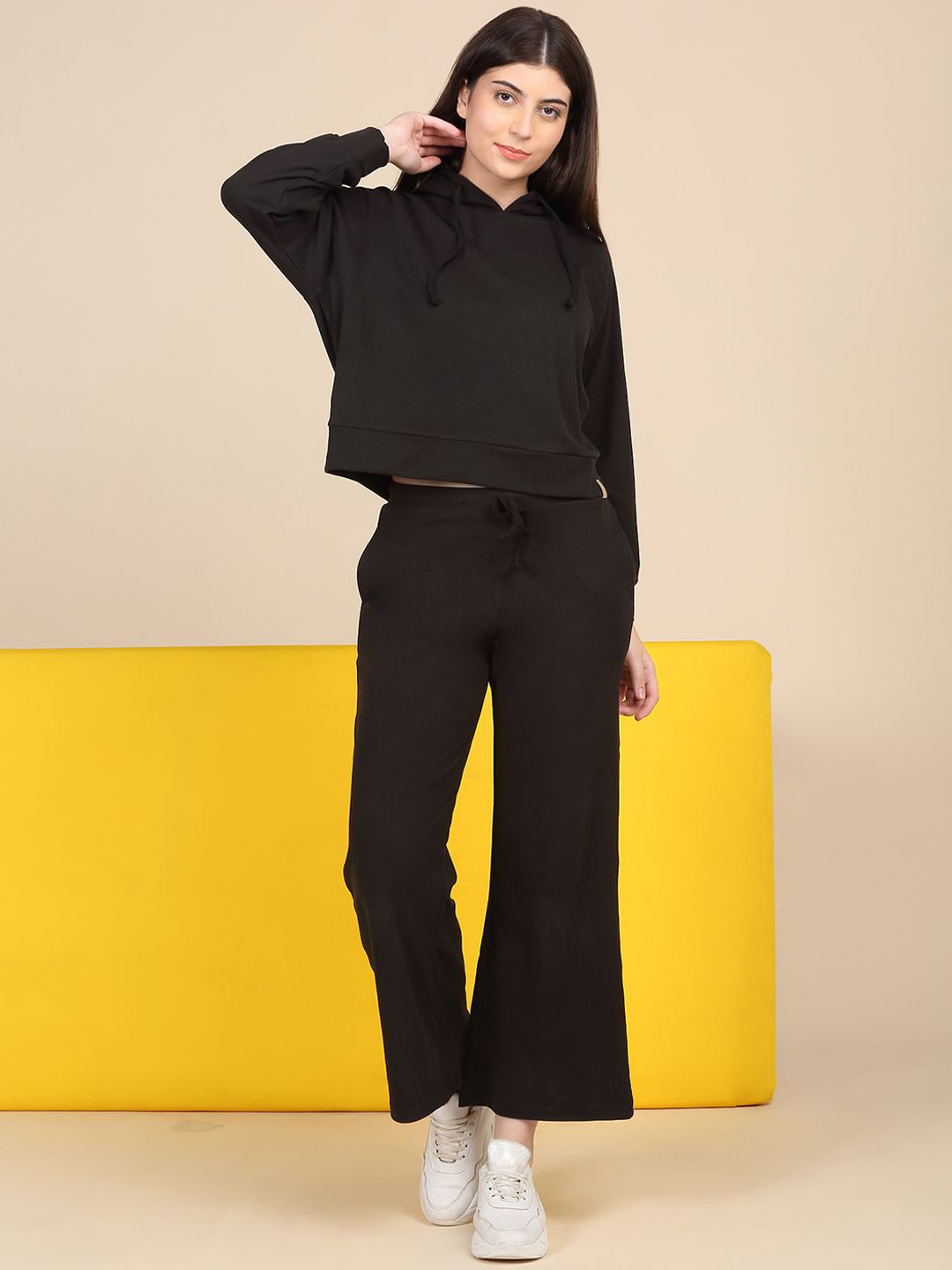 Sweet Dreams Women Solid Hooded Sweatshirt and Trousers Co-Ords