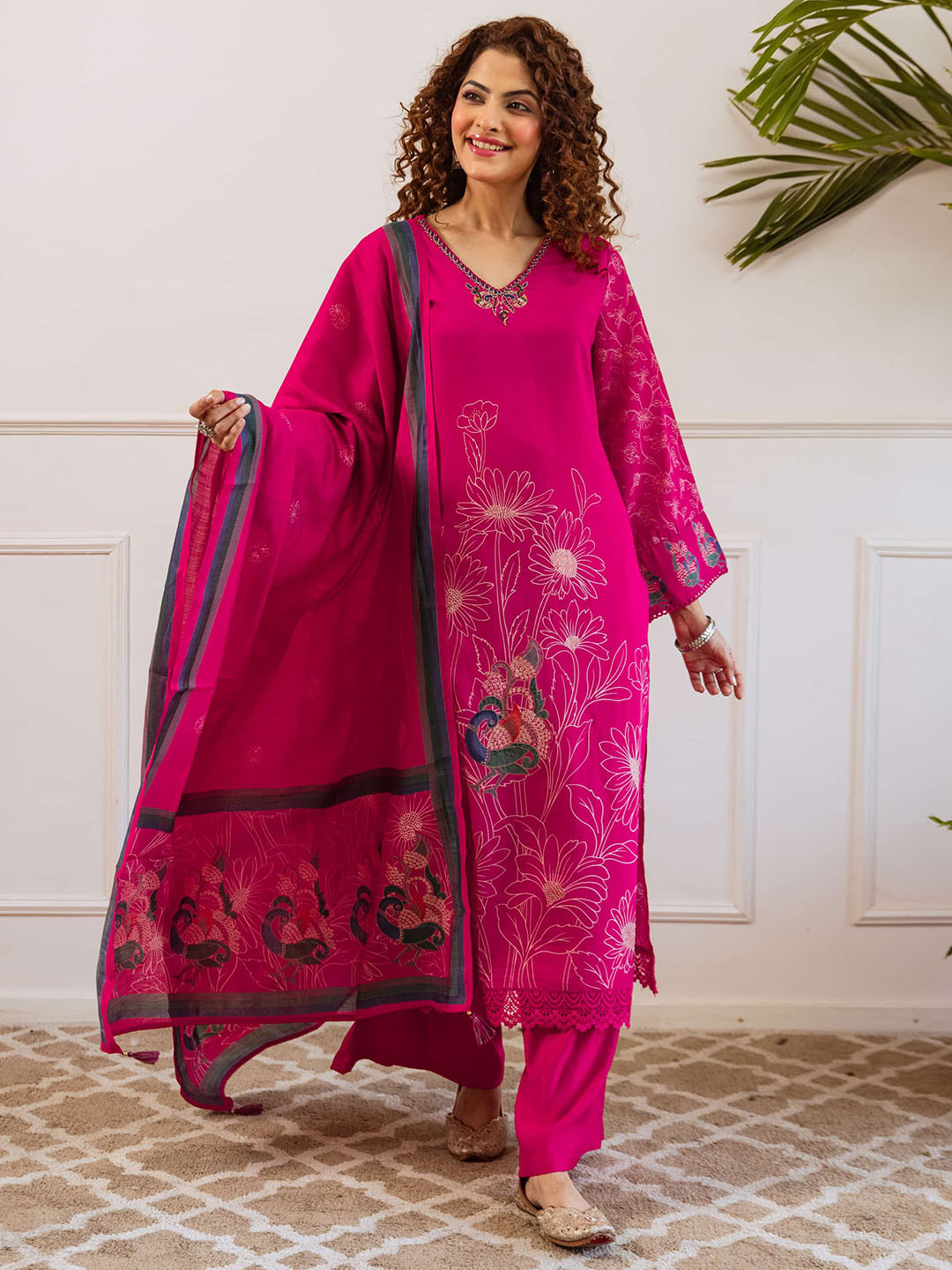 Nehamta Women Floral Printed Modal Muslin Kurta with Palazzo & Dupatta Set