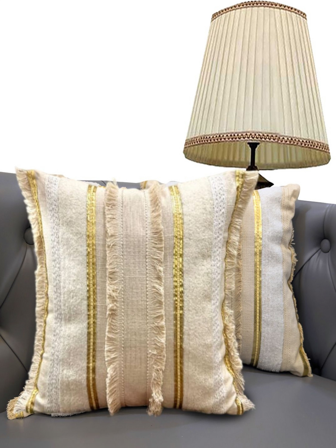 Good Vibes Off White & Gold-Toned 2 Pieces Cotton Square Cushion Covers