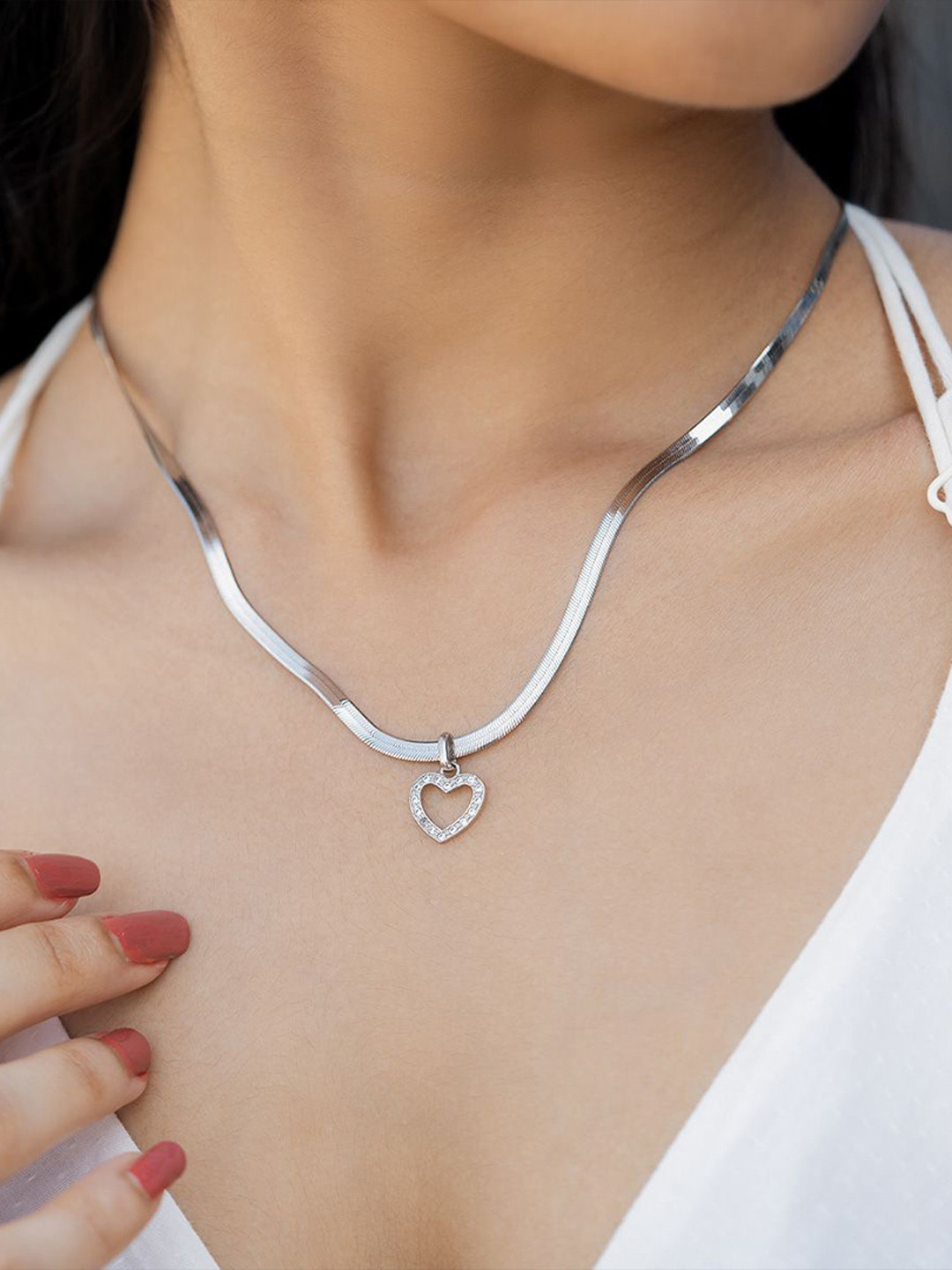 SHAYA 925 Sterling Silver Cubic Zirconia Studded Heart Shaped Only Love Pendant with Chain