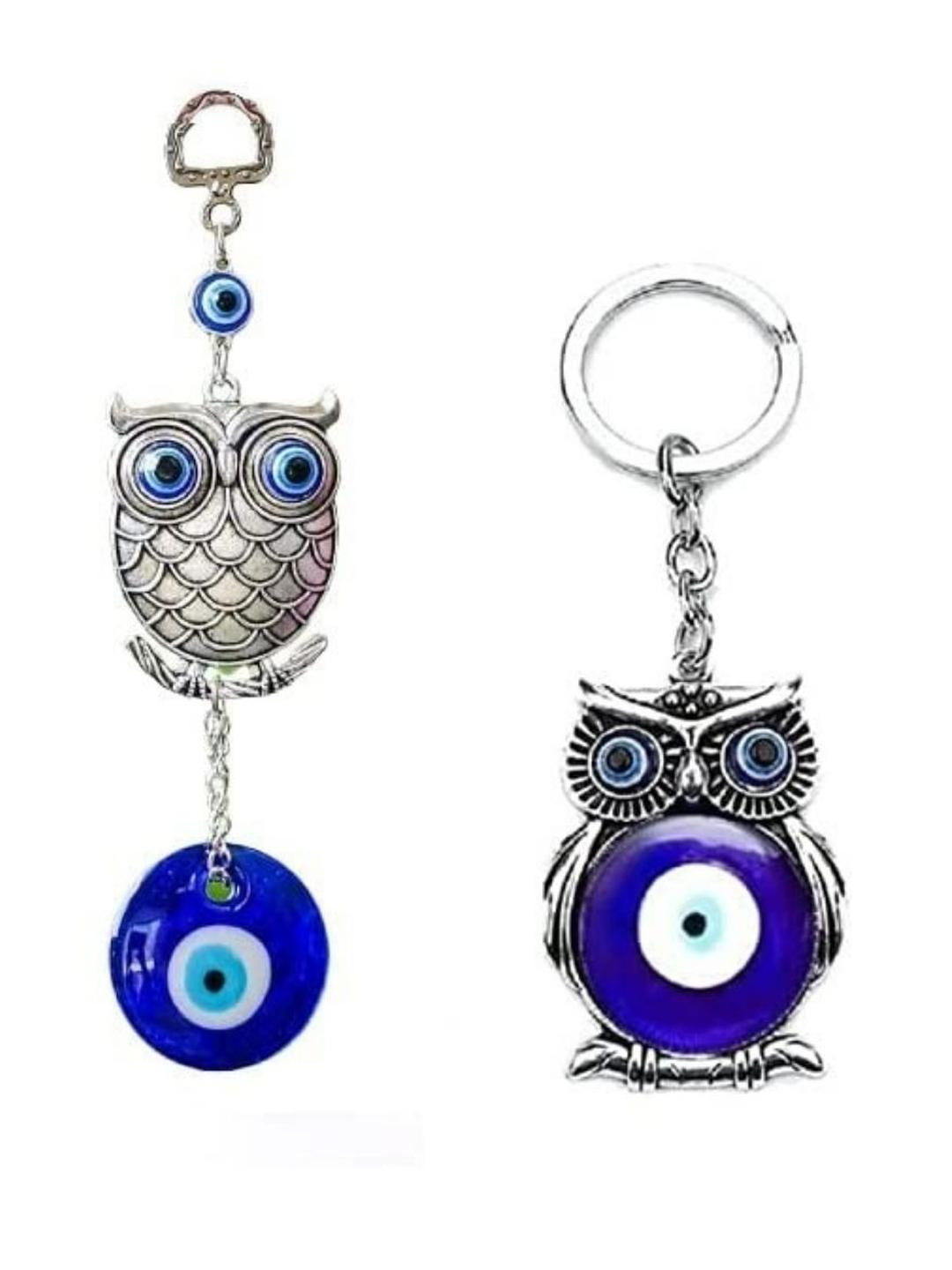 BLUE BEADS Evil Eye Owl Door Hanging & Owl Evil Eye Keychain Combo