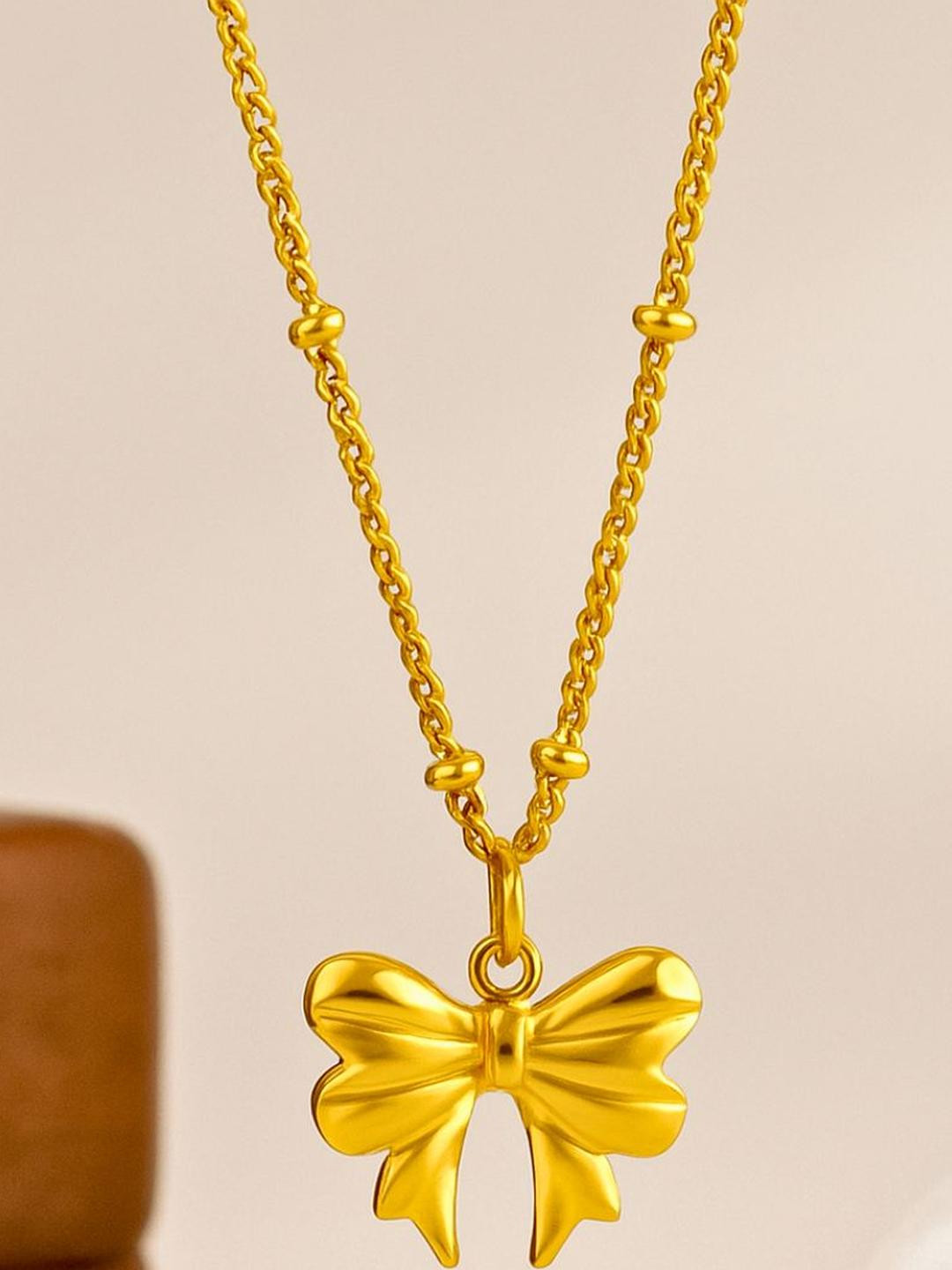 Bauble Cluster Women Gold-Plated Stainless Steel Bow Shaped Pendants with Chains