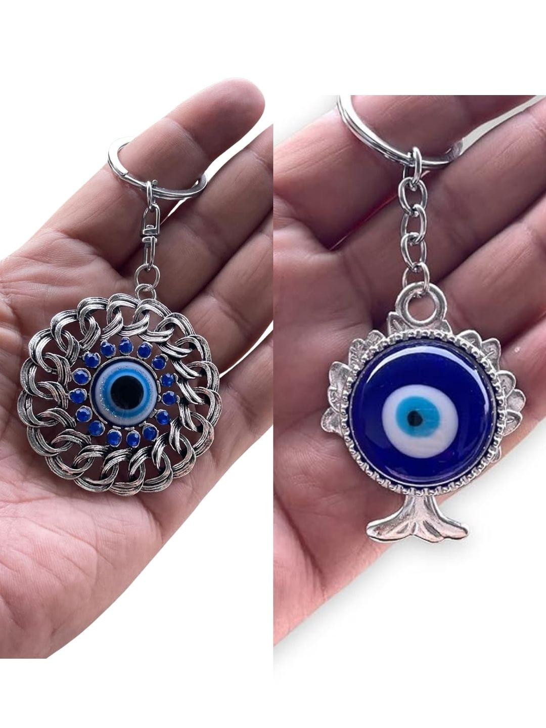 BLUE BEADS Pack Of 2 Round Blue and Silver Evil Eye Keychains