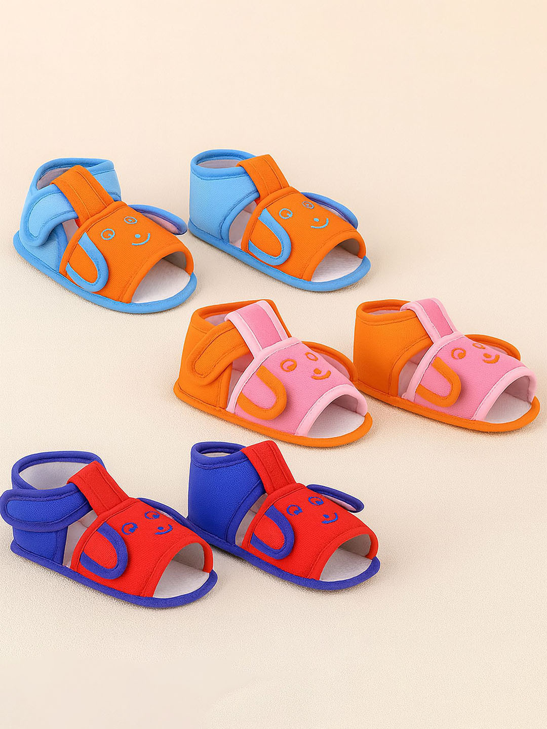 ONFEET Kids Set Of 3 Blue Red & Pink Velcro Cotton Booties