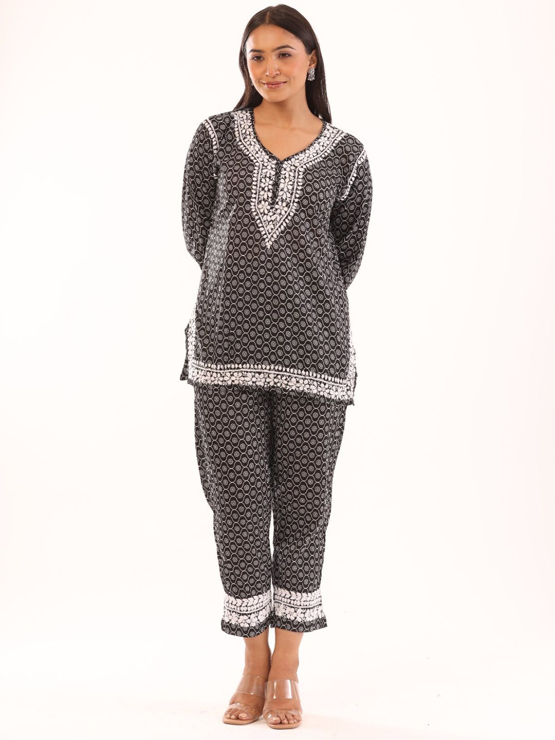 RIVAZ THREADS AND CO Embroidered V-Neck Pure Cotton Tunic With Trousers Co-Ords