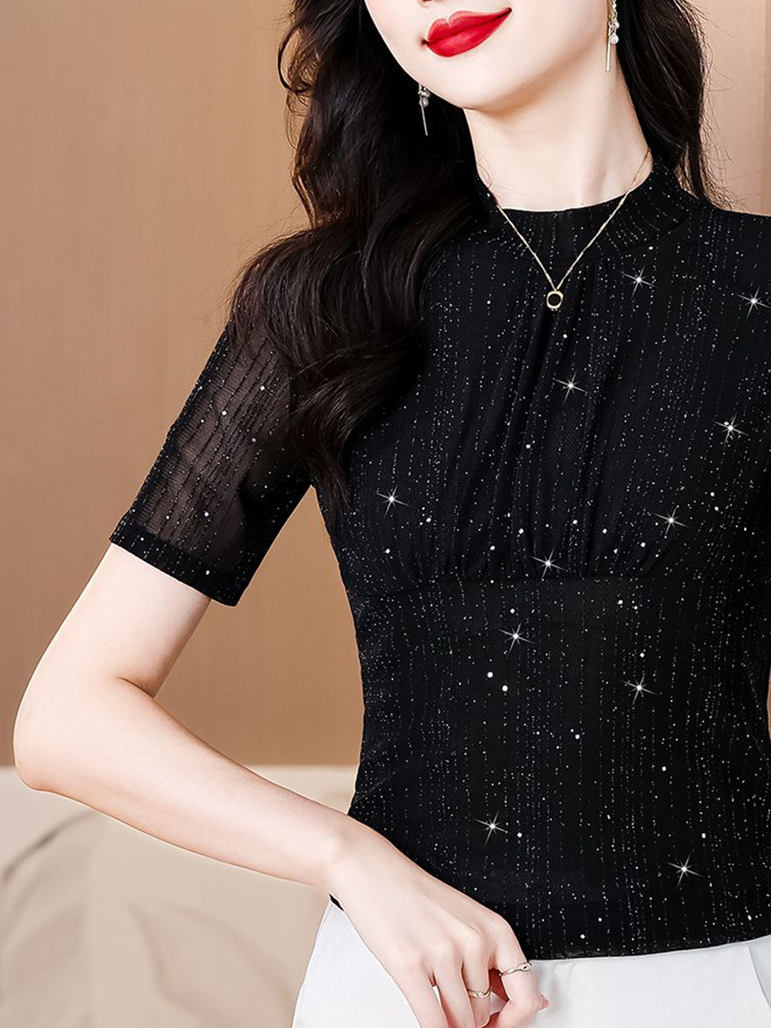 JC Mode Women Mandarin Collar Self Design Top
